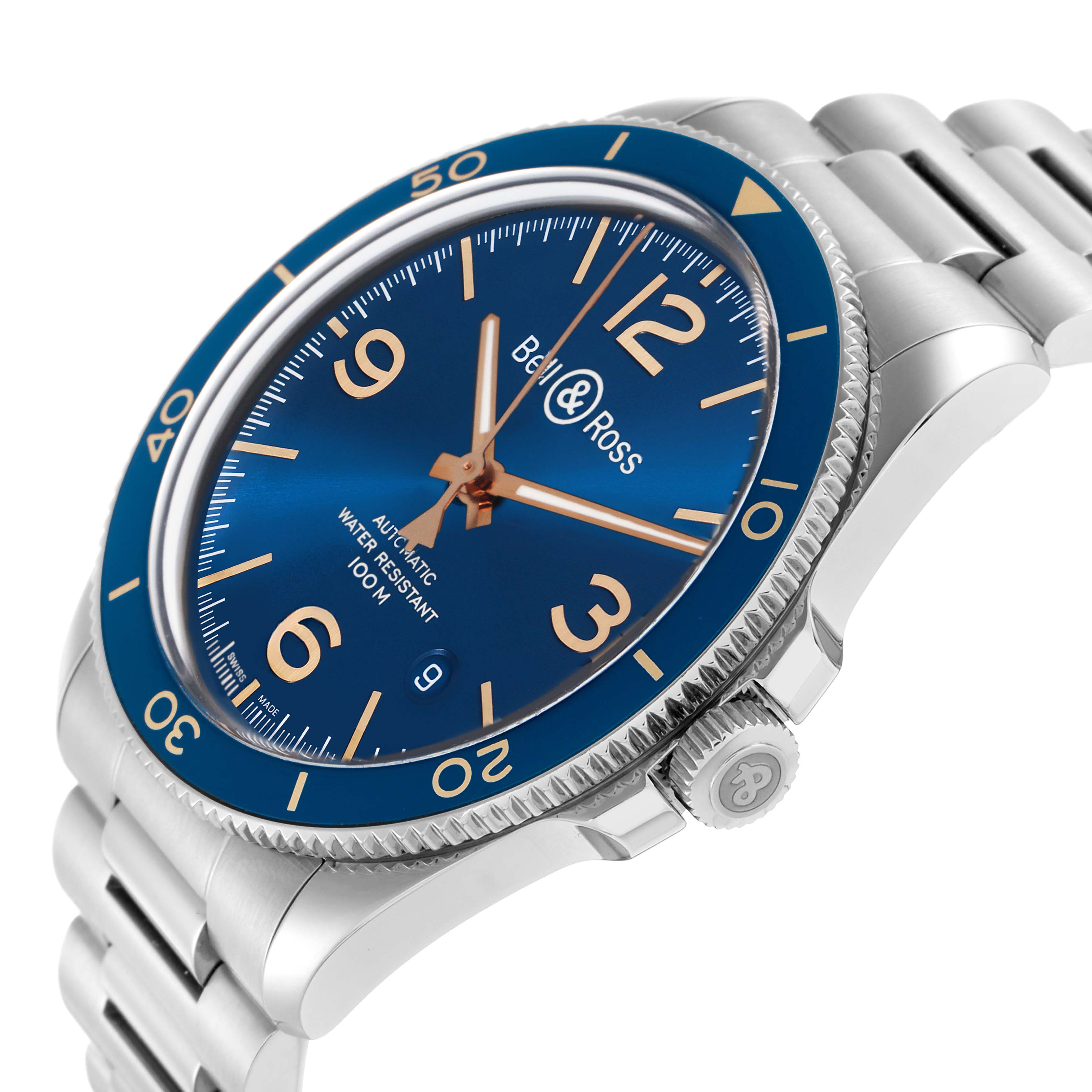 The Bell 
Ross Heritage BRV292 Men
s Stainless Steel Blue Dial watch is shown at a side angle, highlighting the blue dial, bezel, crown, and stainless steel bracelet.