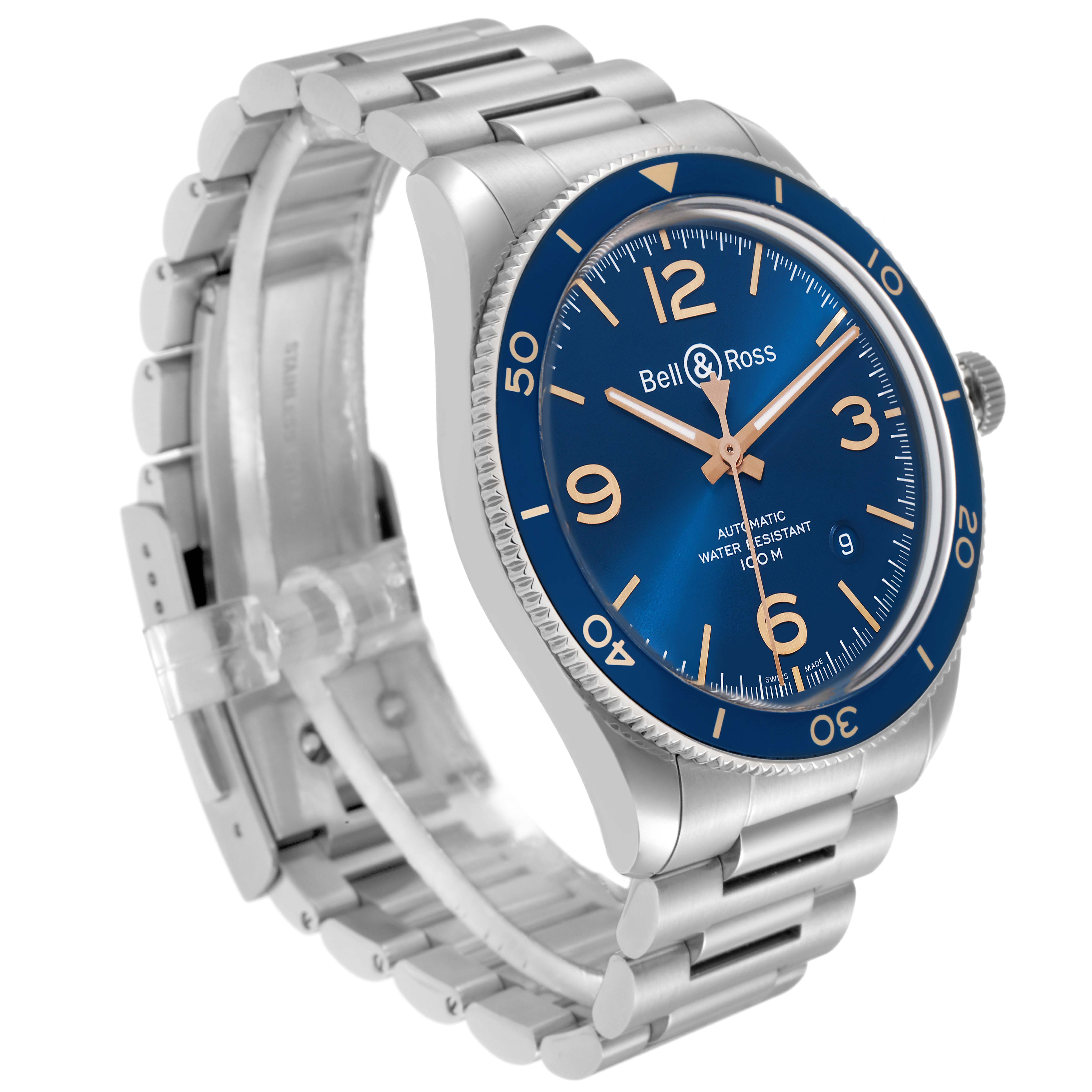 The Bell 
Ross Heritage BRV292 Men
s Stainless Steel Blue Dial model watch is shown at an angled view, displaying its face, bezel, and stainless steel bracelet.