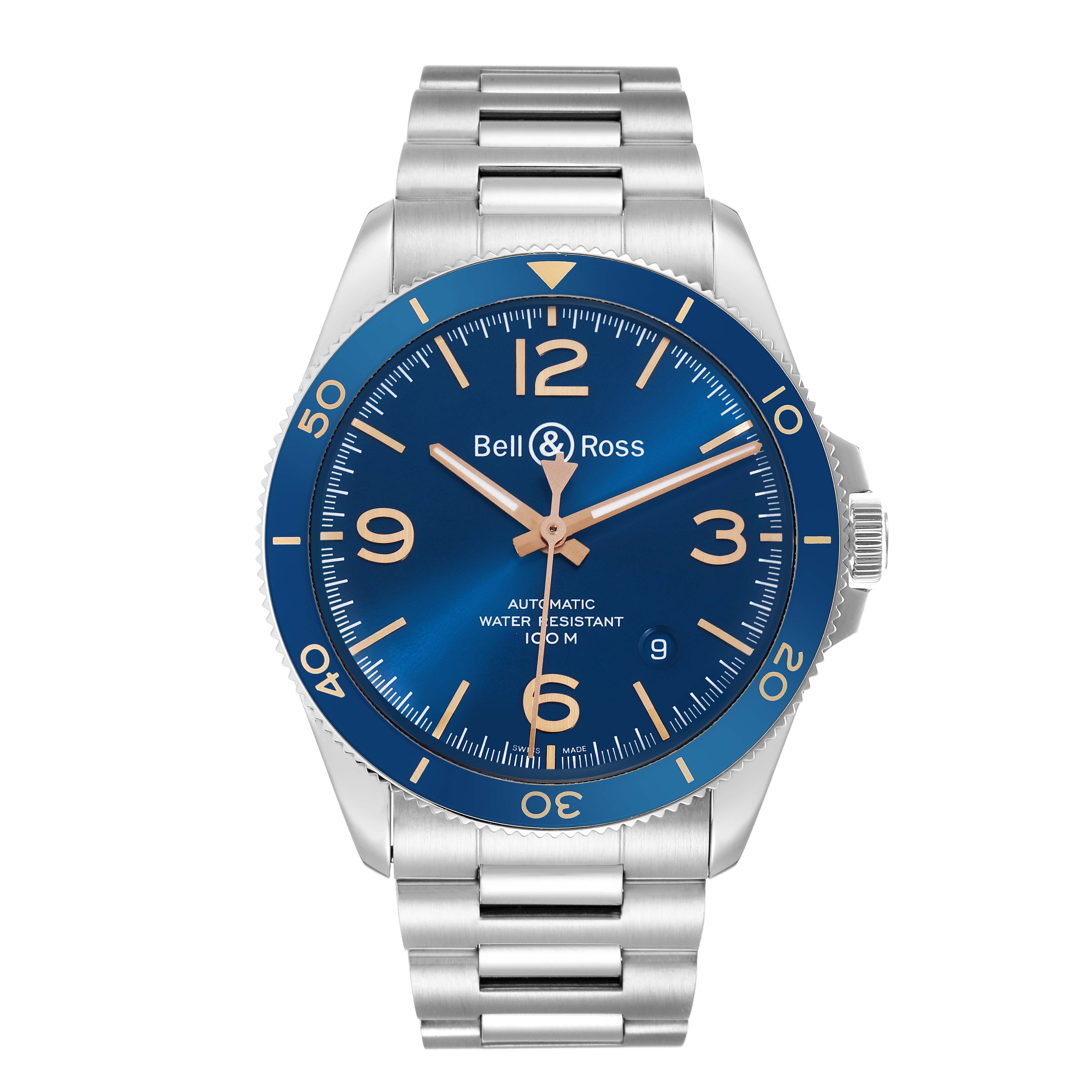 The Bell 
Ross Heritage BRV292 Men
s Stainless Steel Blue Dial model watch is shown from a front angle, displaying its blue dial, numerals, bezel, and metal bracelet.