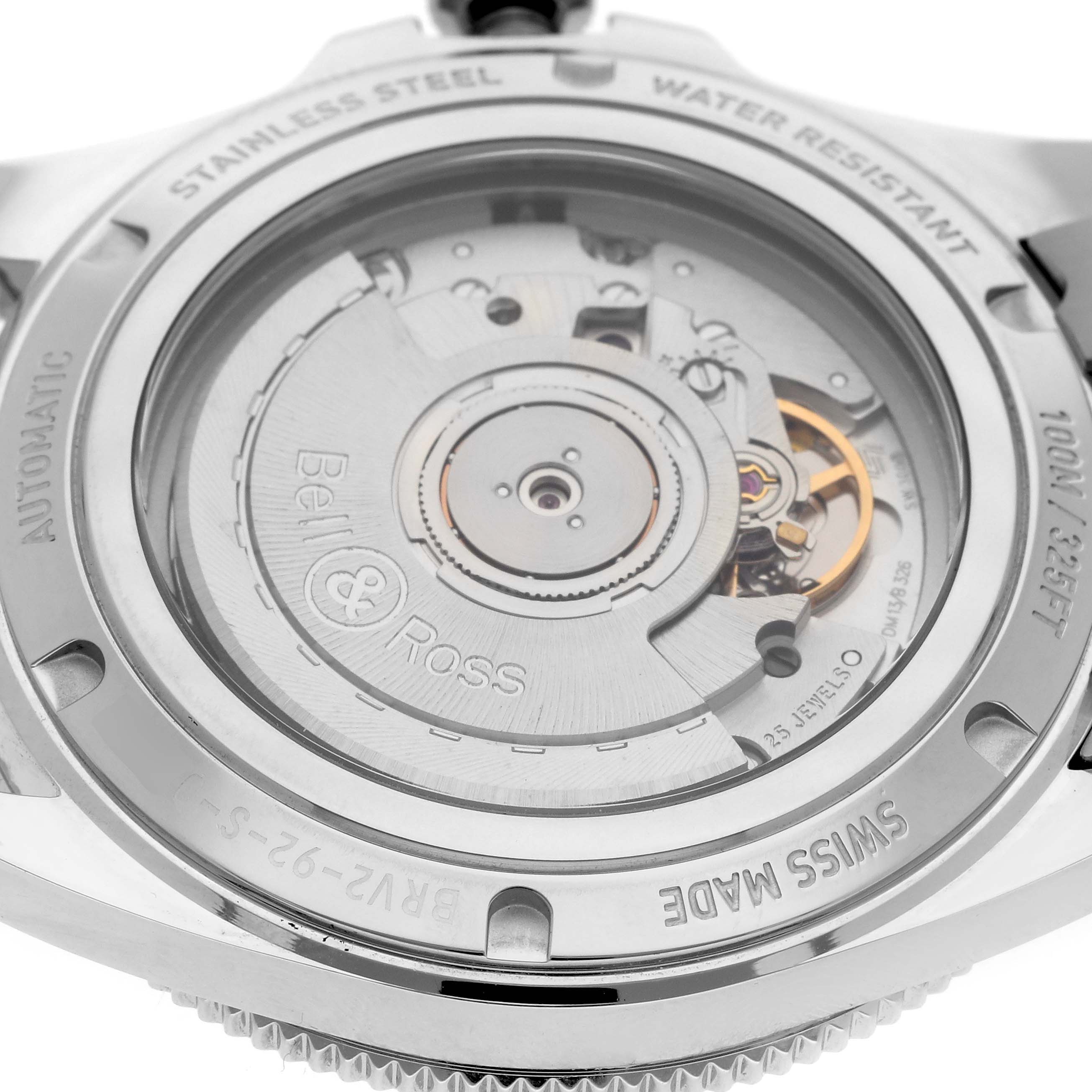 The image shows the back of a Bell 
Ross Heritage BRV292 Men
s Stainless Steel Blue Dial model, highlighting the automatic movement through a transparent case back.