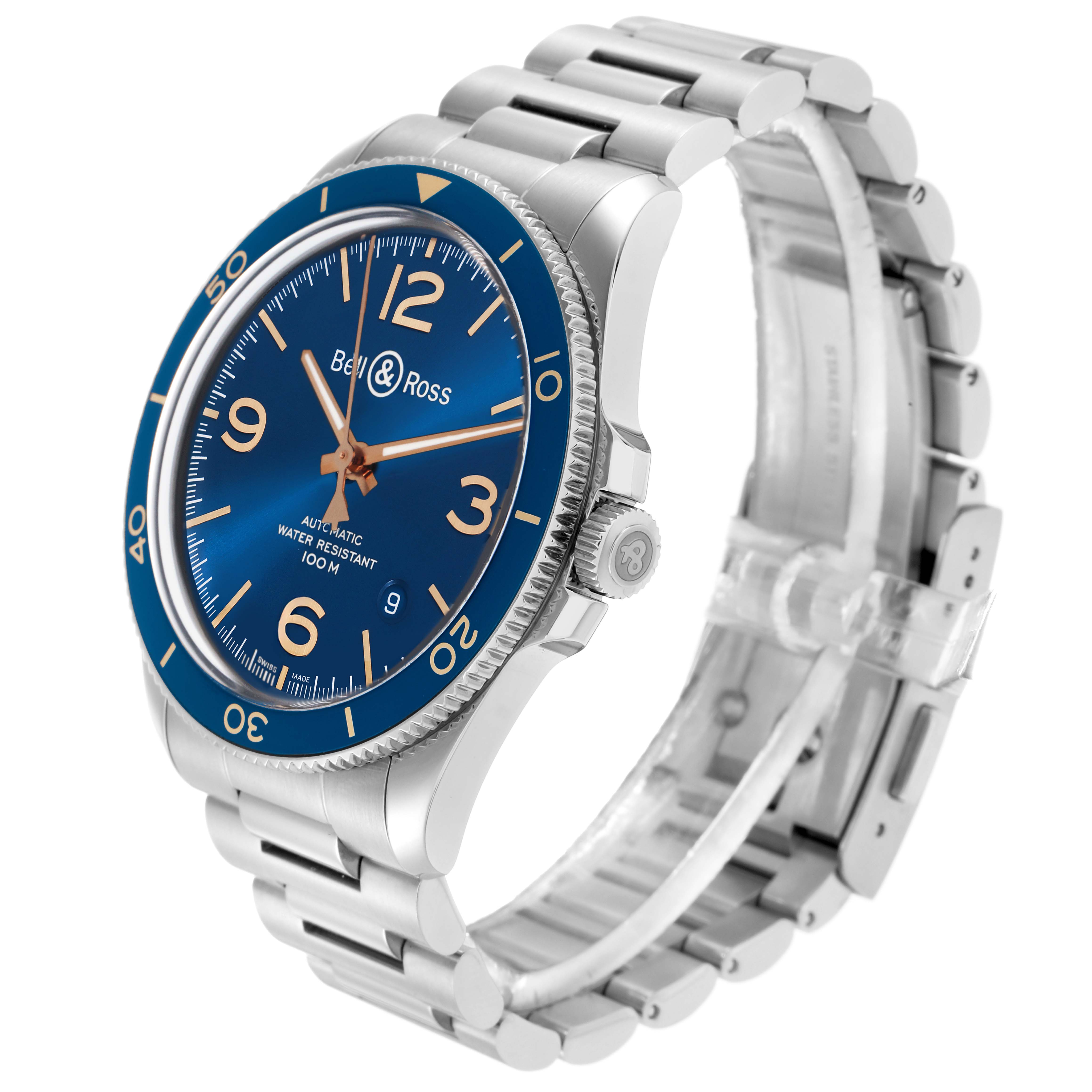 The Bell 
Ross Heritage BRV292 Men
s Stainless Steel Blue Dial watch is shown at an angled view, highlighting the blue dial, bezel, crown, and stainless steel bracelet.
