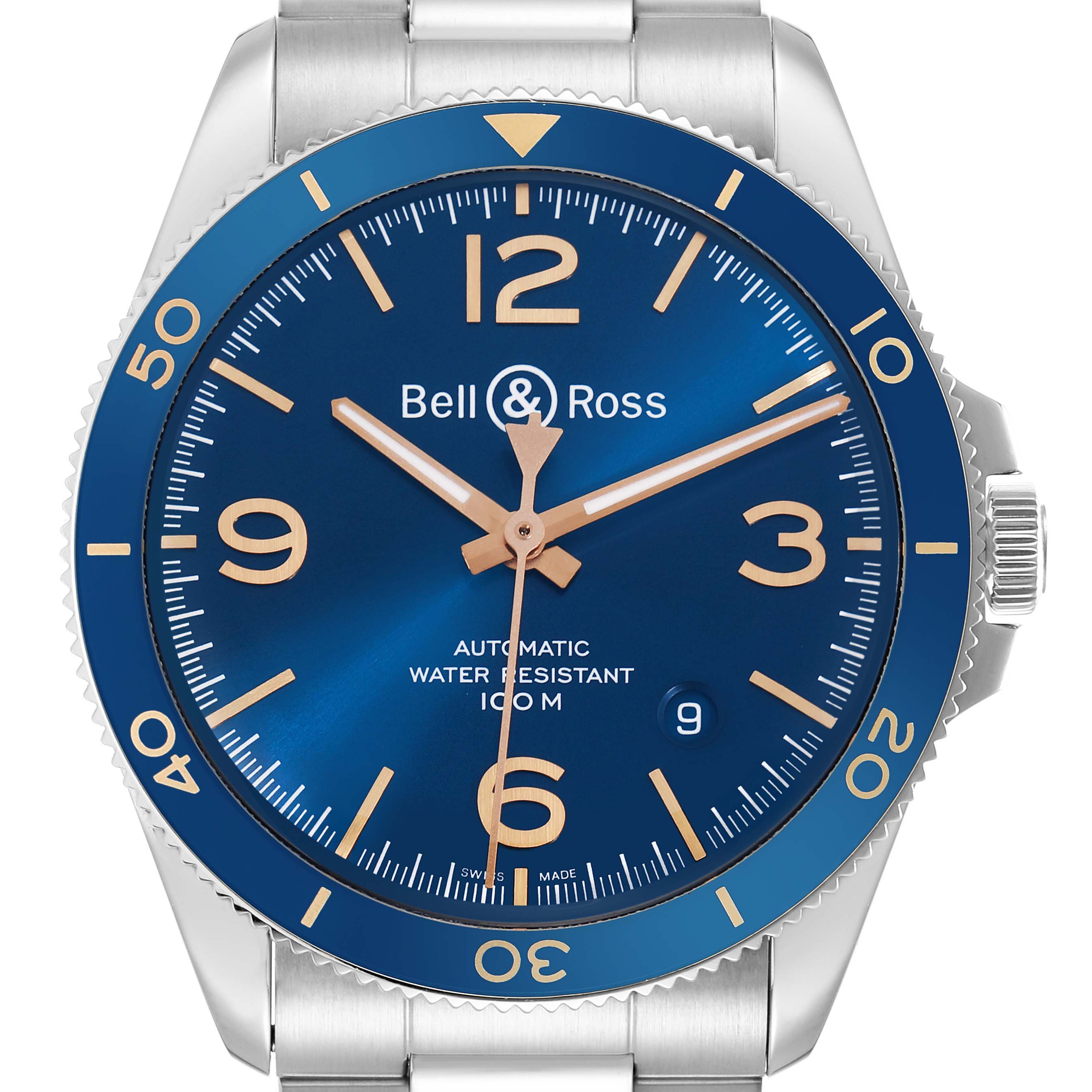 The Bell 
Ross Heritage BRV292 Men
s Stainless Steel Blue Dial model watch is shown from the front, displaying its blue dial, bezel, and silver case.