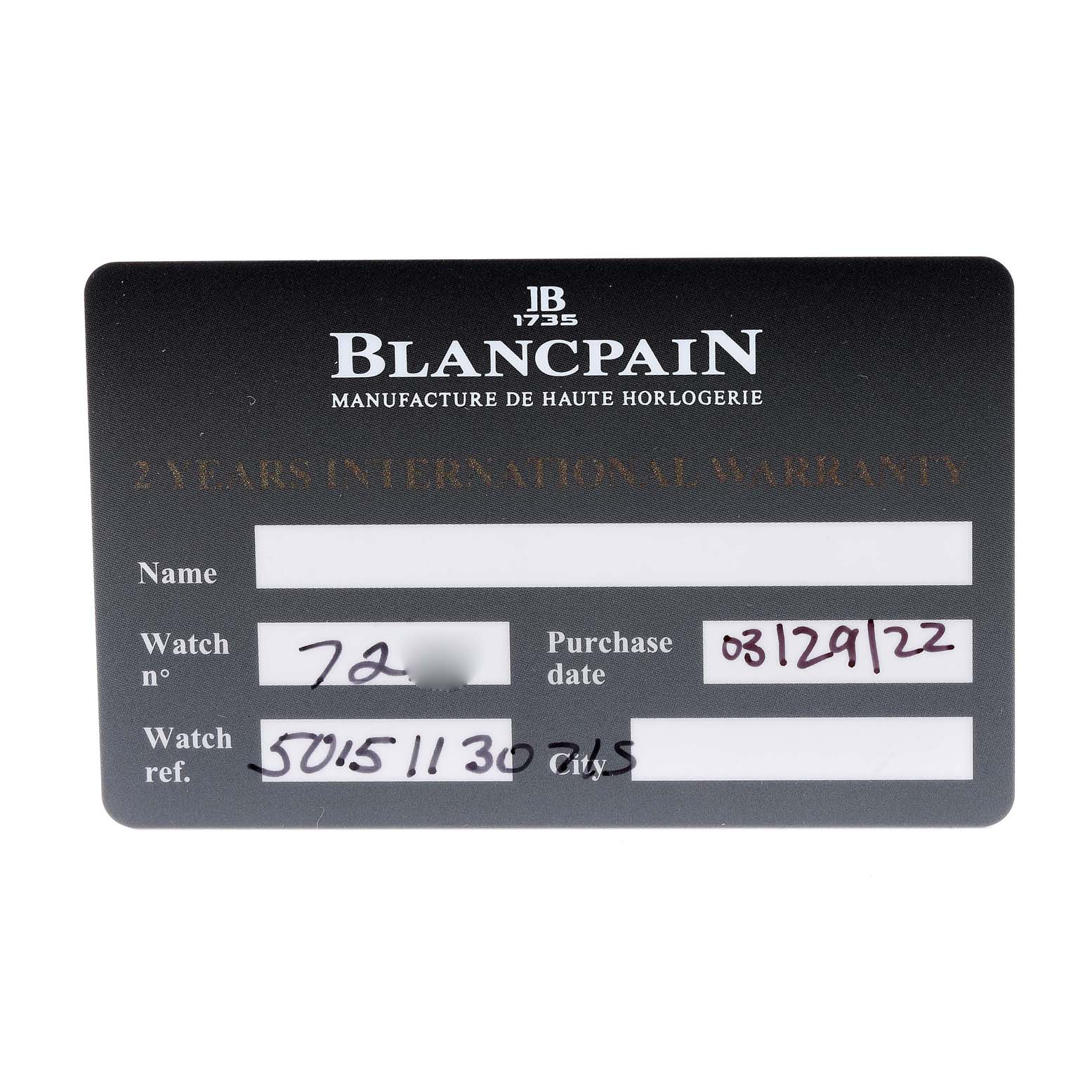 This image shows an international warranty card for the Blancpain Fifty Fathoms 5015-1130-71S Men's Stainless Steel Black Dial 5015-1130-71S Men's Stainless Steel Black Dial model watch.