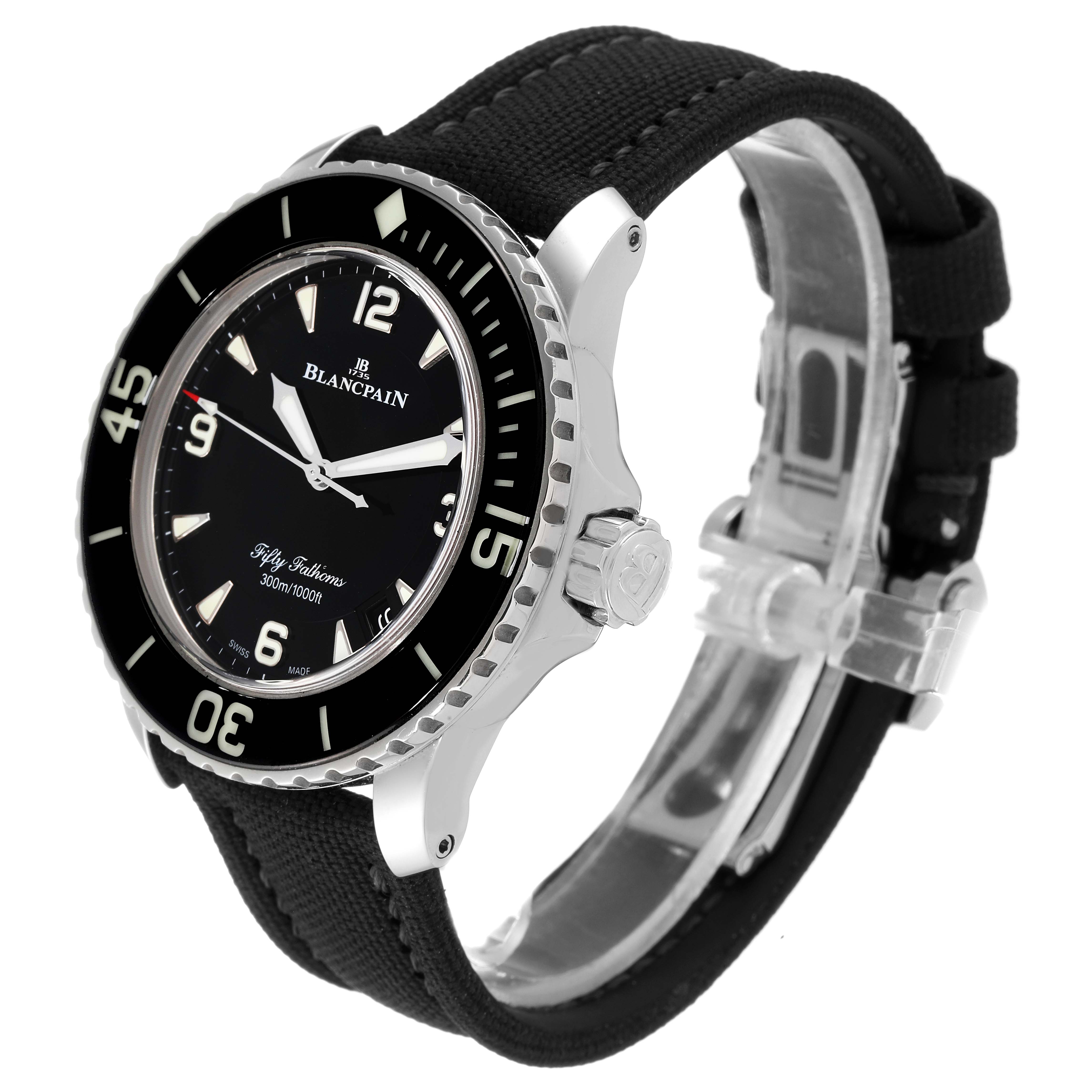 The image shows a side and front angle of the Blancpain Fifty Fathoms 5015-1130-71S Men's Stainless Steel Black Dial 5015-1130-71S Men's Stainless Steel Black Dial watch, highlighting its bezel, face, and strap.