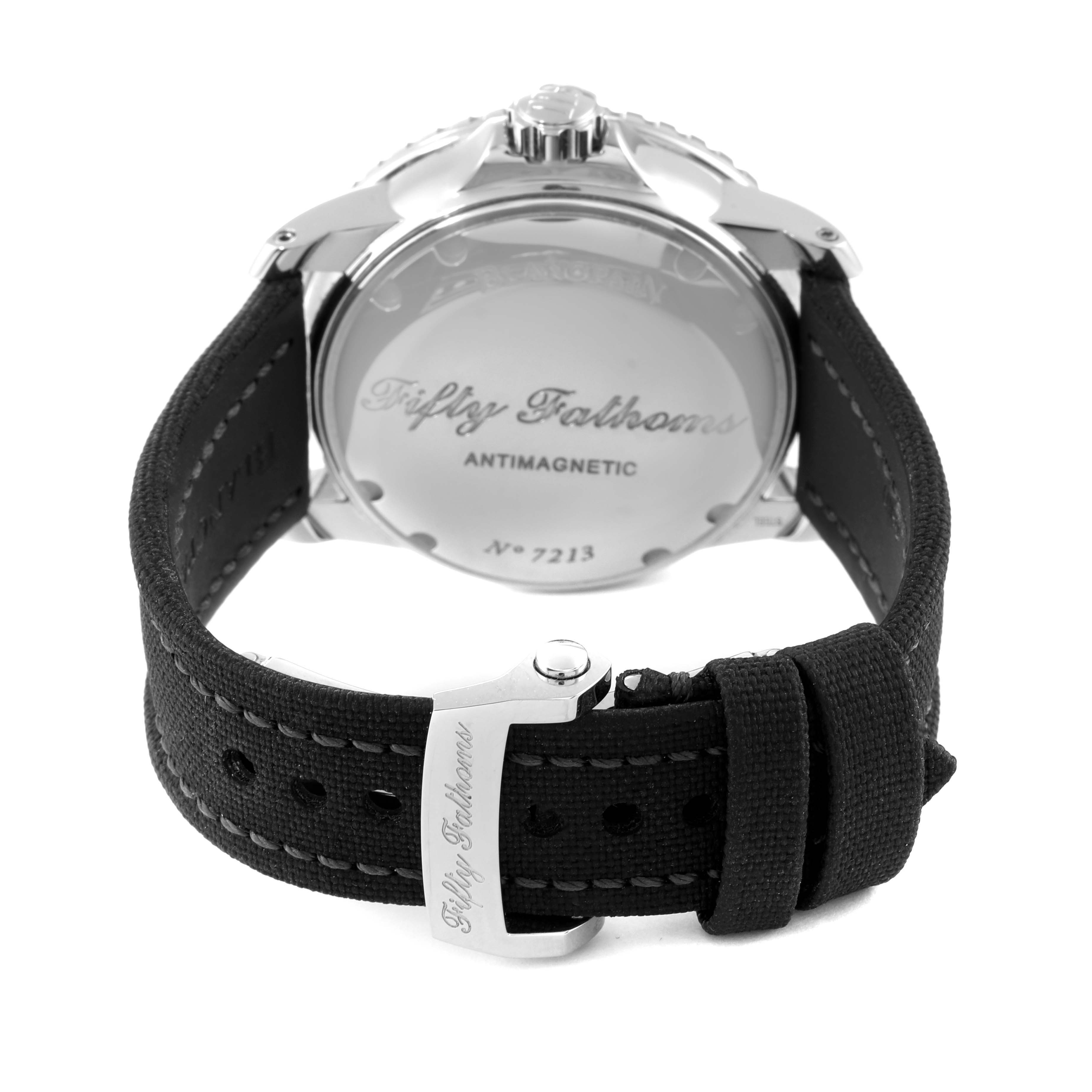 The image shows the back view of the Blancpain Fifty Fathoms 5015-1130-71S Men's Stainless Steel Black Dial 5015-1130-71S Men's Stainless Steel Black Dial watch, including the case back and strap with branding.