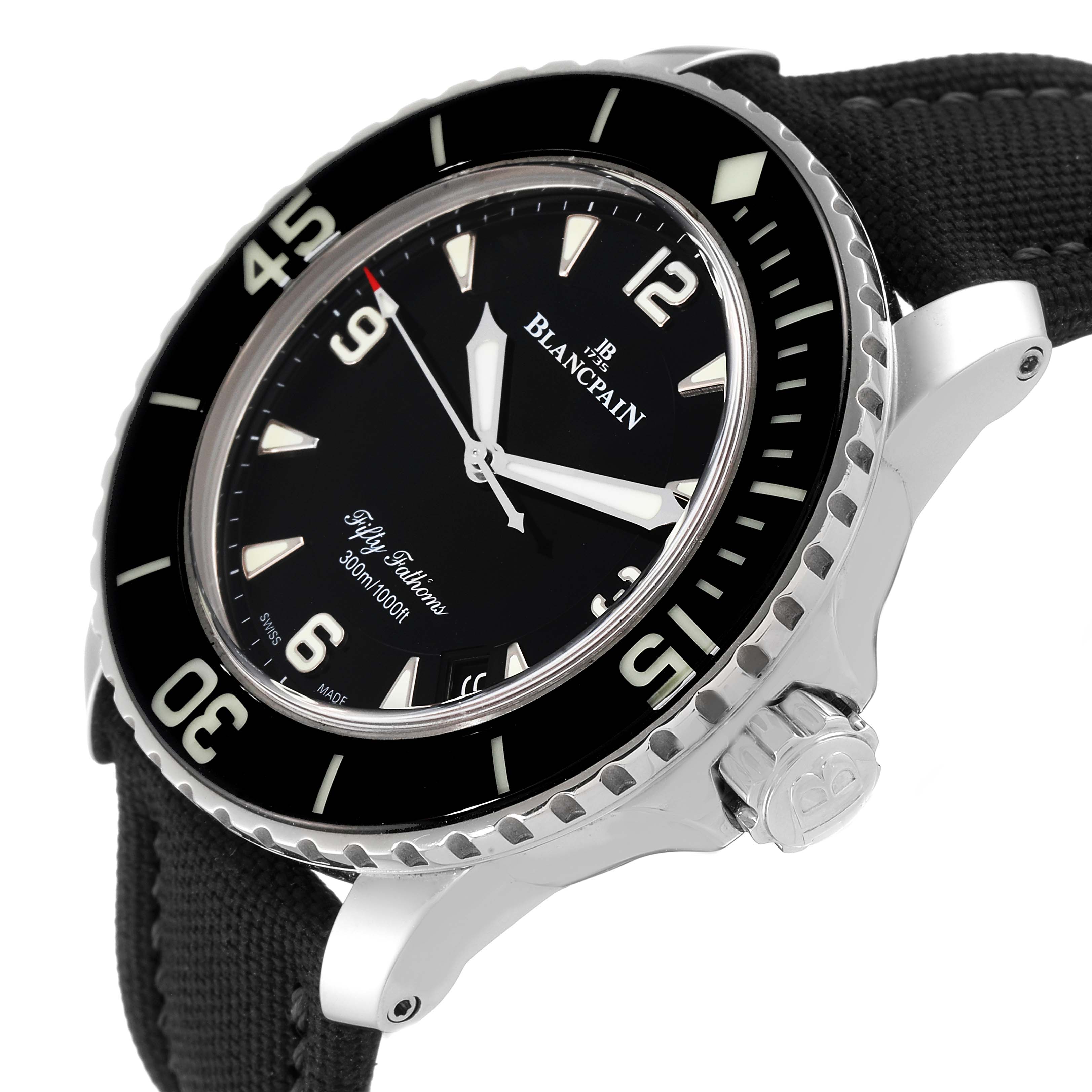 The image shows a Blancpain Fifty Fathoms 5015-1130-71S Men's Stainless Steel Black Dial 5015-1130-71S Men's Stainless Steel Black Dial watch from a tilted angle, highlighting the dial, bezel, crown, and part of the strap.