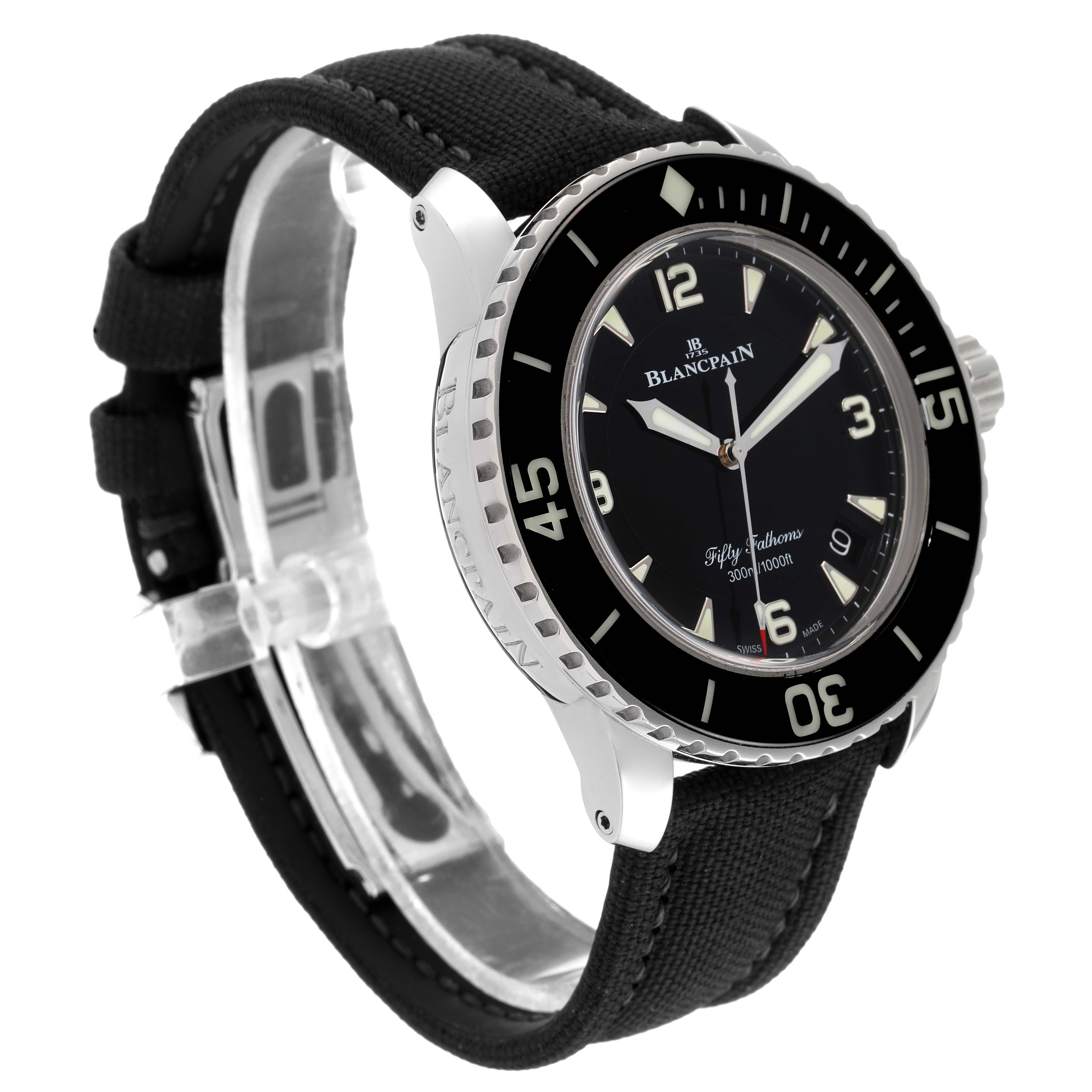 The image shows a side and front view of the Blancpain Fifty Fathoms 5015-1130-71S Men's Stainless Steel Black Dial 5015-1130-71S Men's Stainless Steel Black Dial watch, displaying the dial, bezel, and strap.