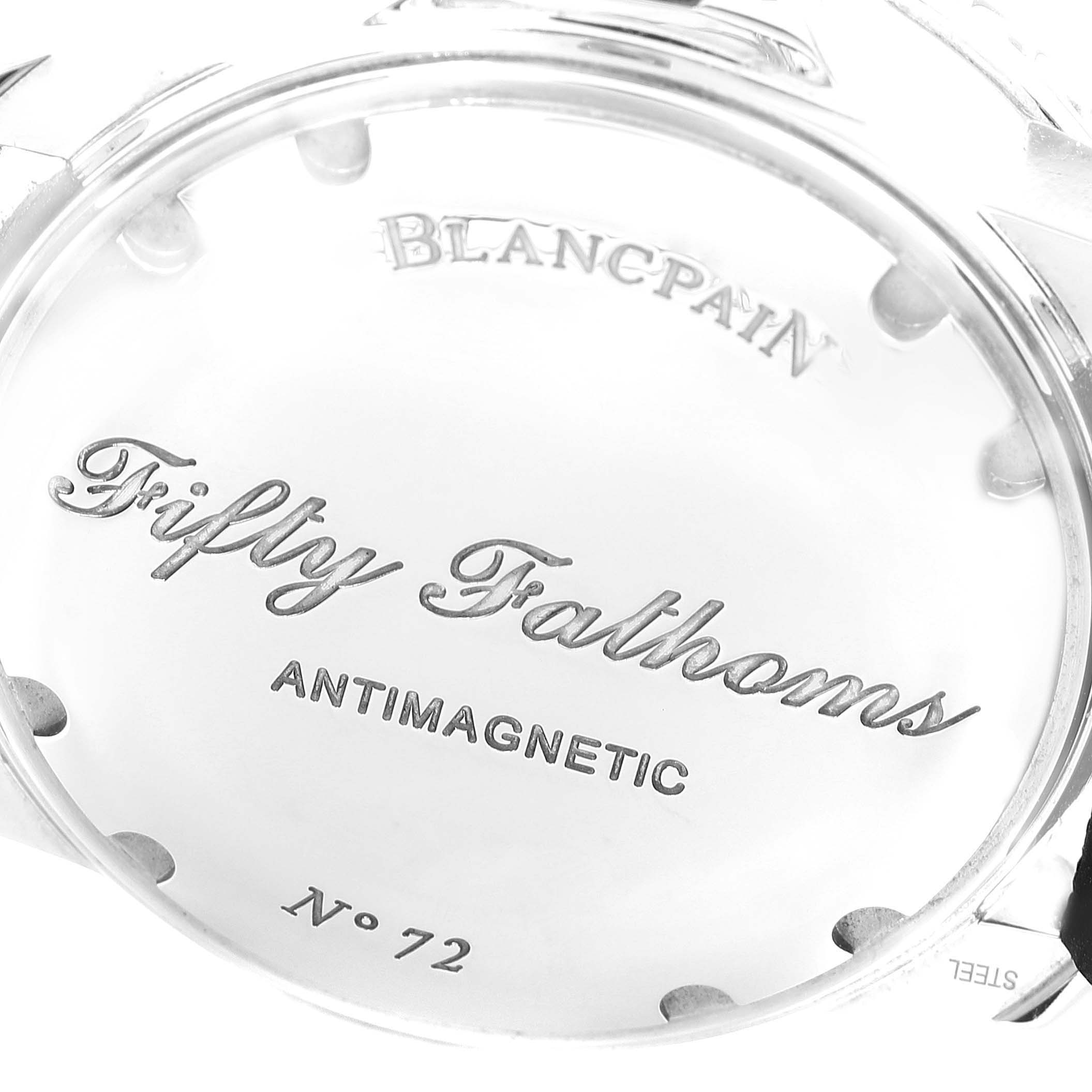 The image shows the case back of the Blancpain Fifty Fathoms 5015-1130-71S Men's Stainless Steel Black Dial 5015-1130-71S Men's Stainless Steel Black Dial watch, featuring engravings of the model name and "Antimagnetic".