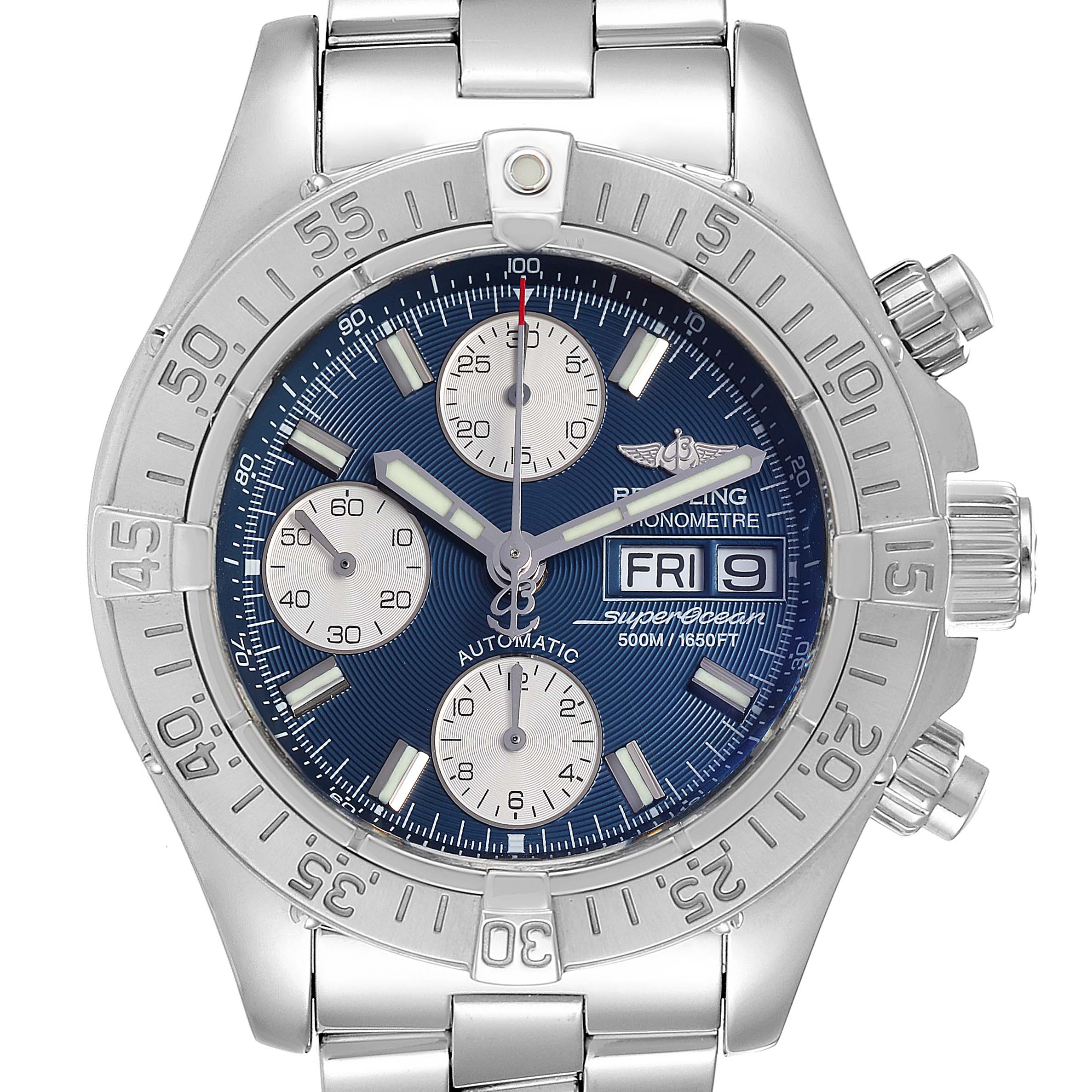 The image shows a front view of a Breitling Superocean A13340 Men's Stainless Steel Blue Dial A13340 Men's Stainless Steel Blue Dial watch, displaying its dial, bezel, and bracelet.