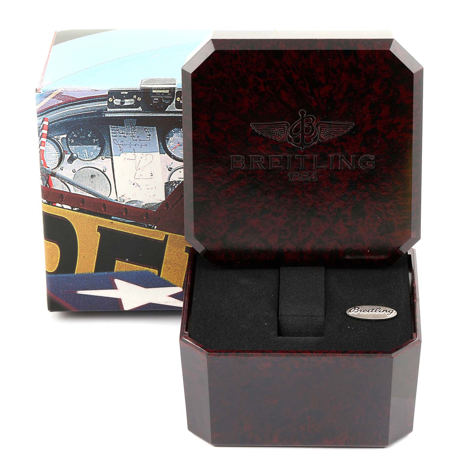 The image shows a Breitling Superocean A13340 Men's Stainless Steel Blue Dial A13340 Men's Stainless Steel Blue Dial watch box, partially opened, with the brand logo and external packaging visible.