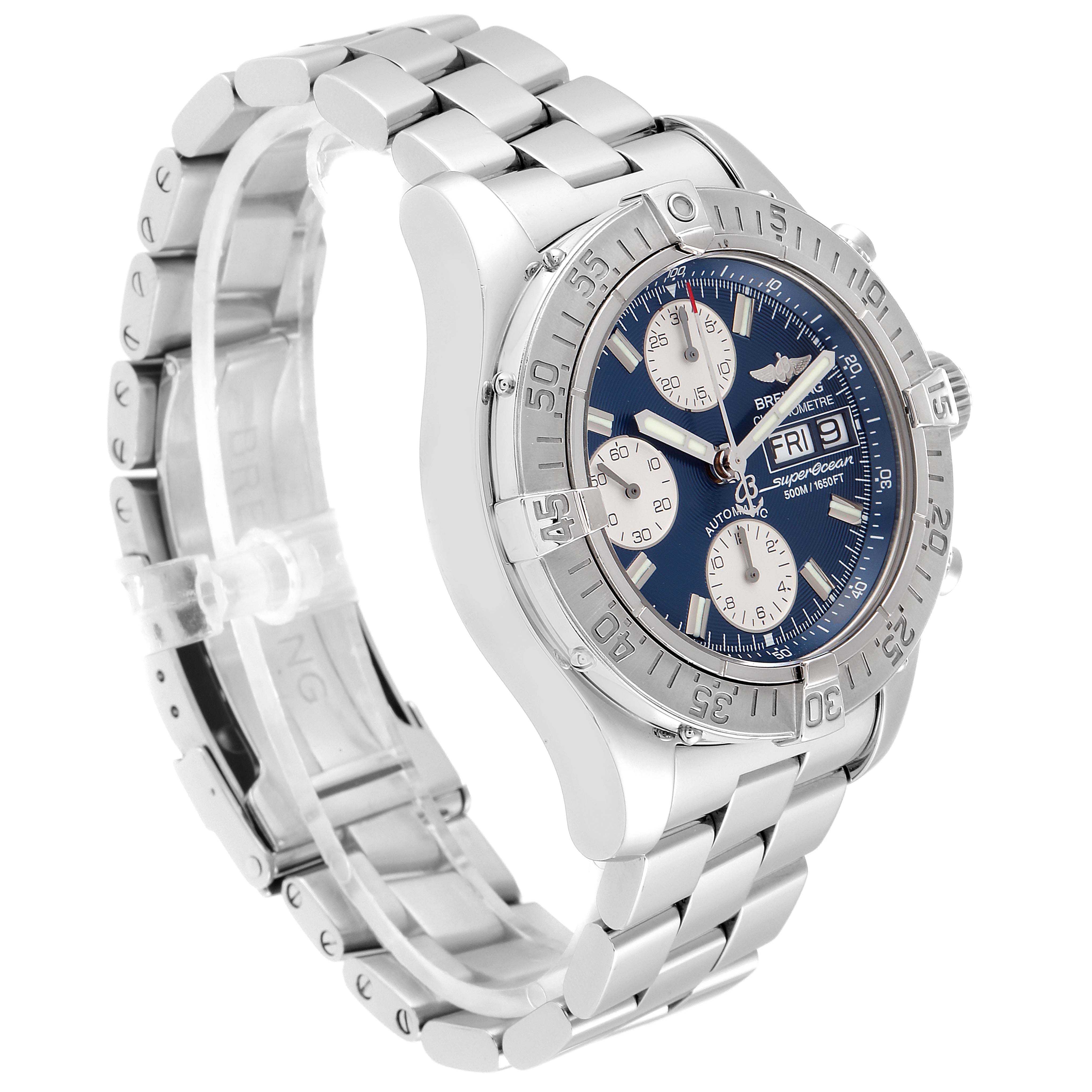 The image shows a Breitling Superocean A13340 Men's Stainless Steel Blue Dial A13340 Men's Stainless Steel Blue Dial watch at a three-quarter angle, highlighting the dial, bezel, and metal bracelet.