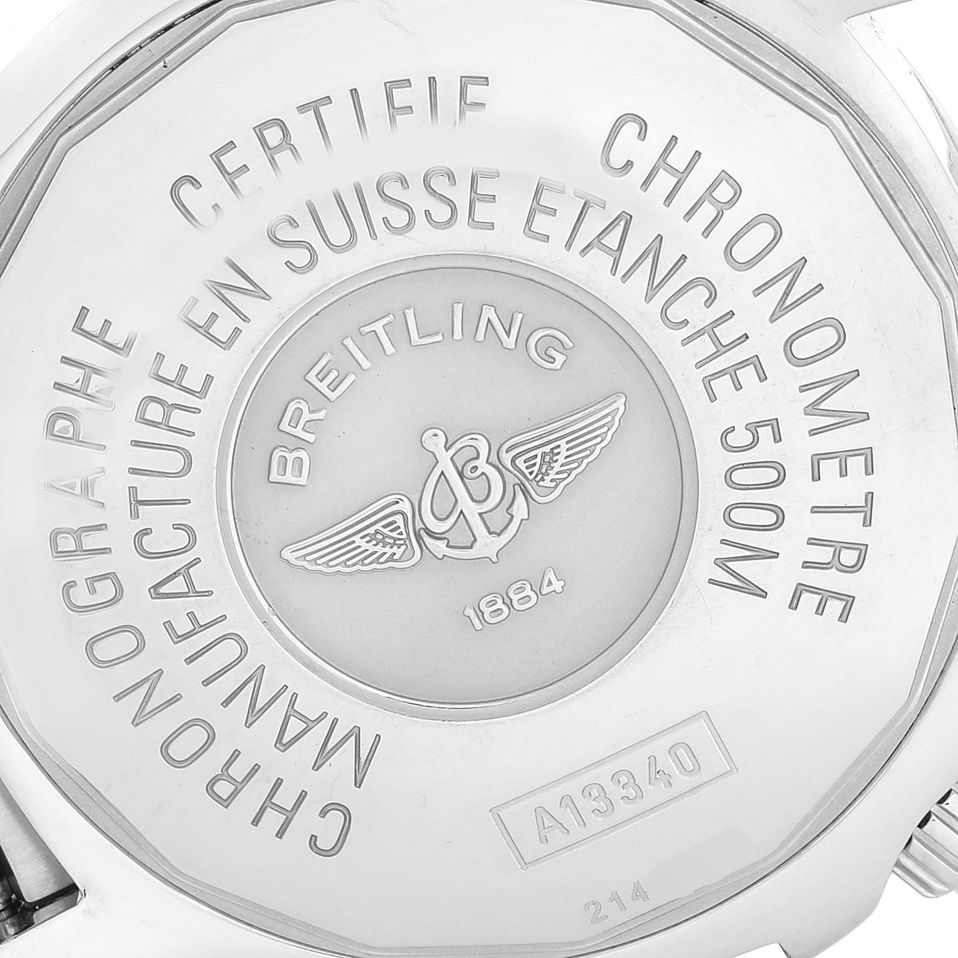 This image shows the back casing of a Breitling Superocean A13340 Men's Stainless Steel Blue Dial A13340 Men's Stainless Steel Blue Dial watch, featuring engraved information and the brand logo.