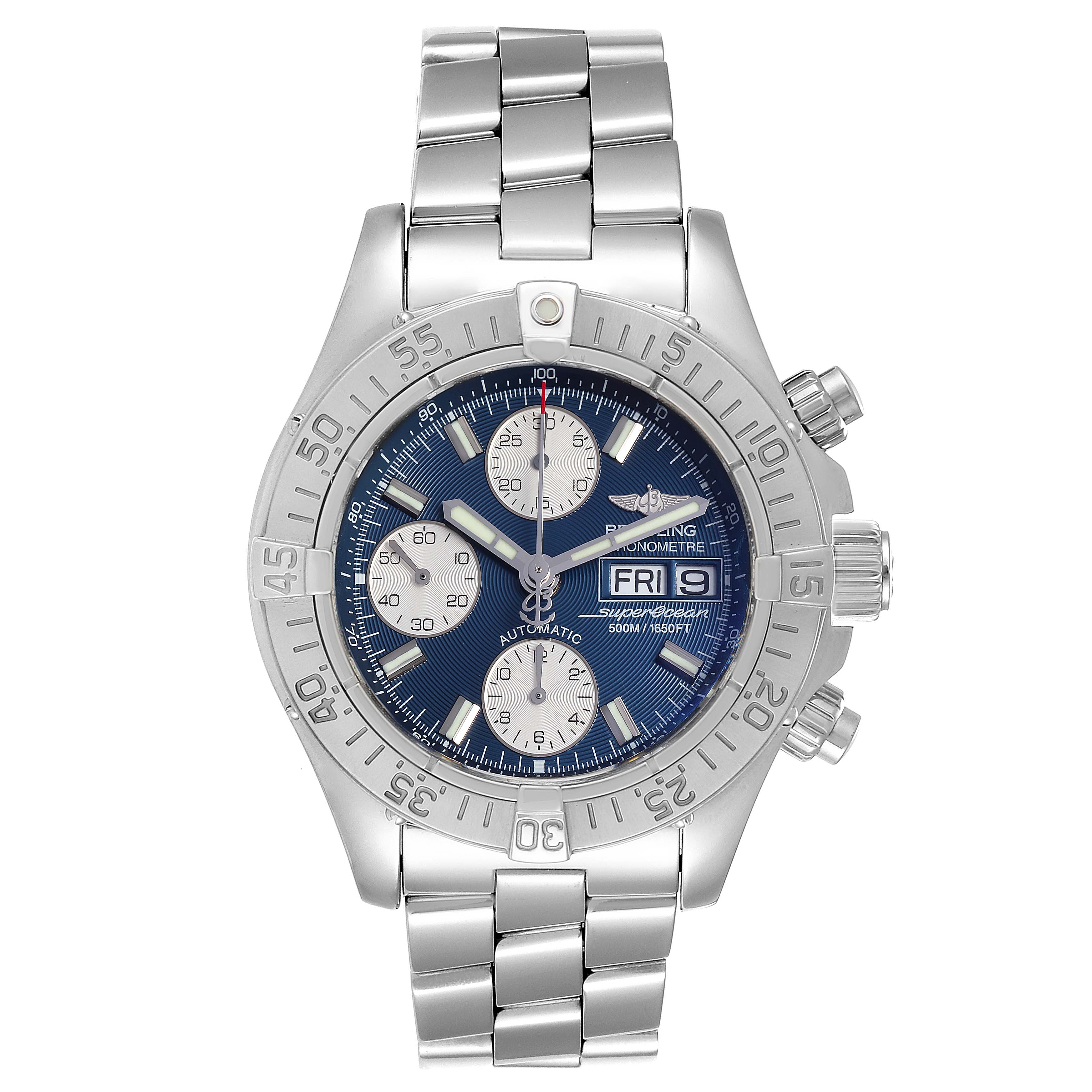 The Breitling Superocean A13340 Men's Stainless Steel Blue Dial A13340 Men's Stainless Steel Blue Dial watch is shown from the front, highlighting its dial, bezel, and stainless steel bracelet.