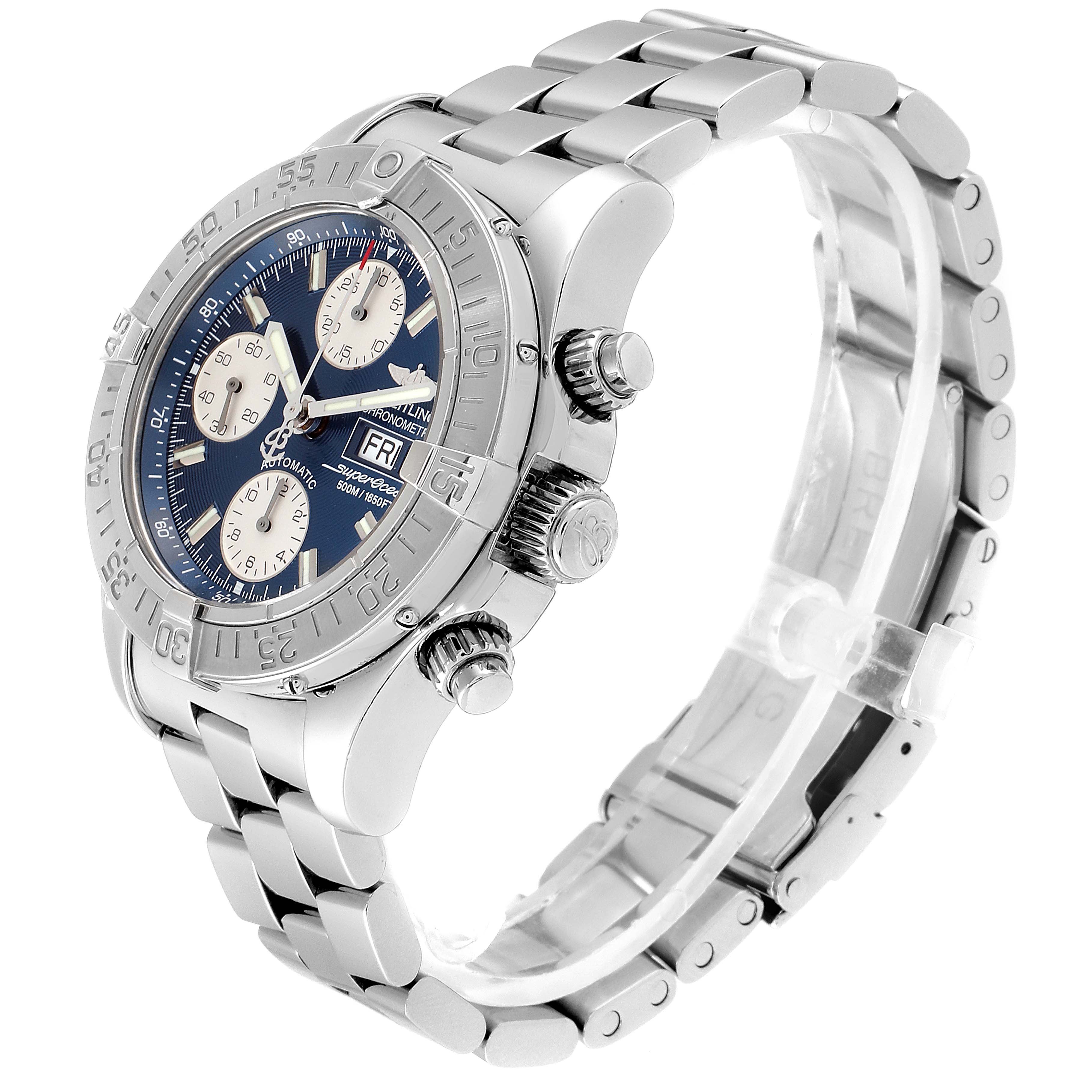 The Breitling Superocean A13340 Men's Stainless Steel Blue Dial A13340 Men's Stainless Steel Blue Dial watch is shown from a three-quarter angle, highlighting its dial, bezel, crown, and stainless steel bracelet.