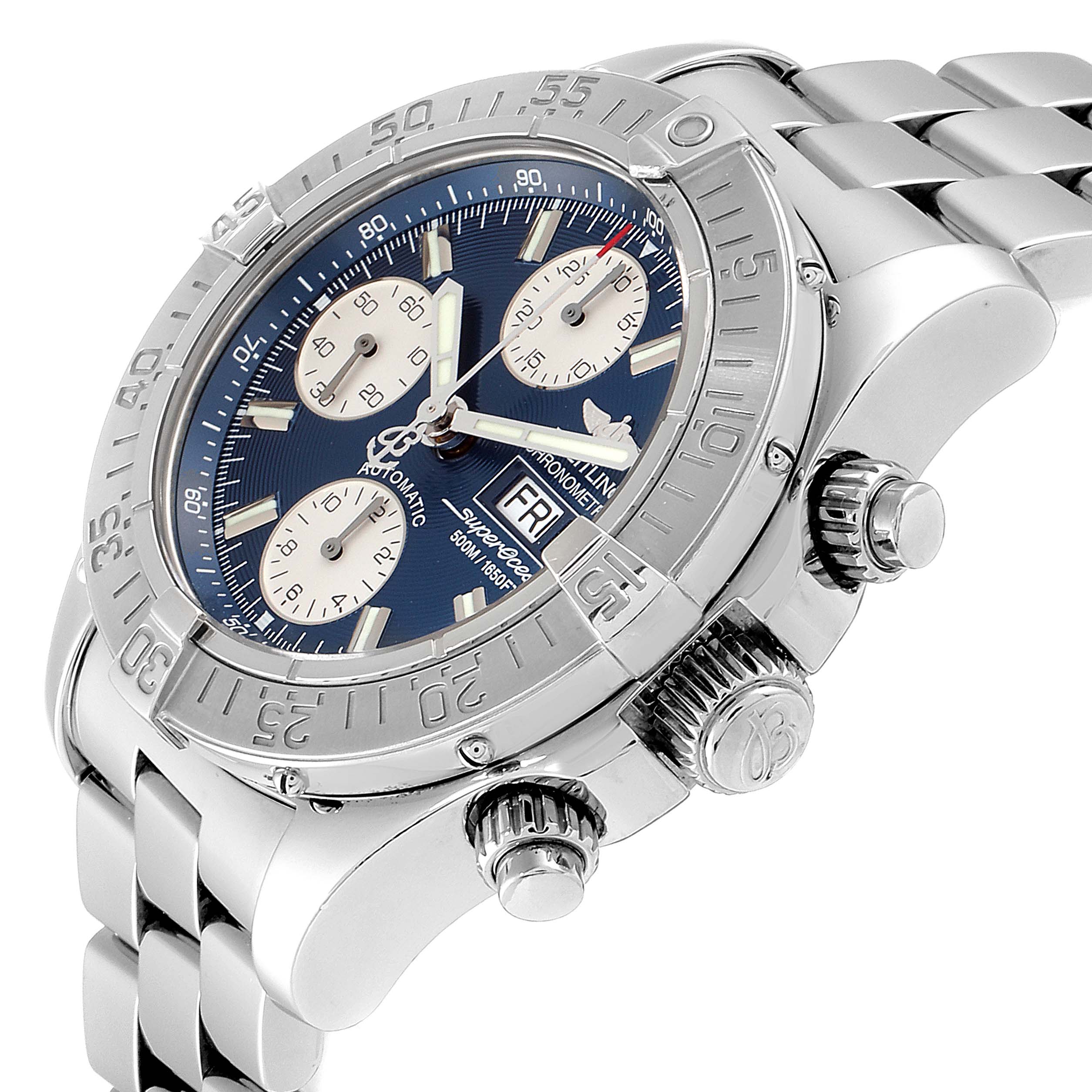 The image shows a side and slightly angled view of the Breitling Superocean A13340 Men's Stainless Steel Blue Dial A13340 Men's Stainless Steel Blue Dial watch, highlighting its bezel, dial, and bracelet.