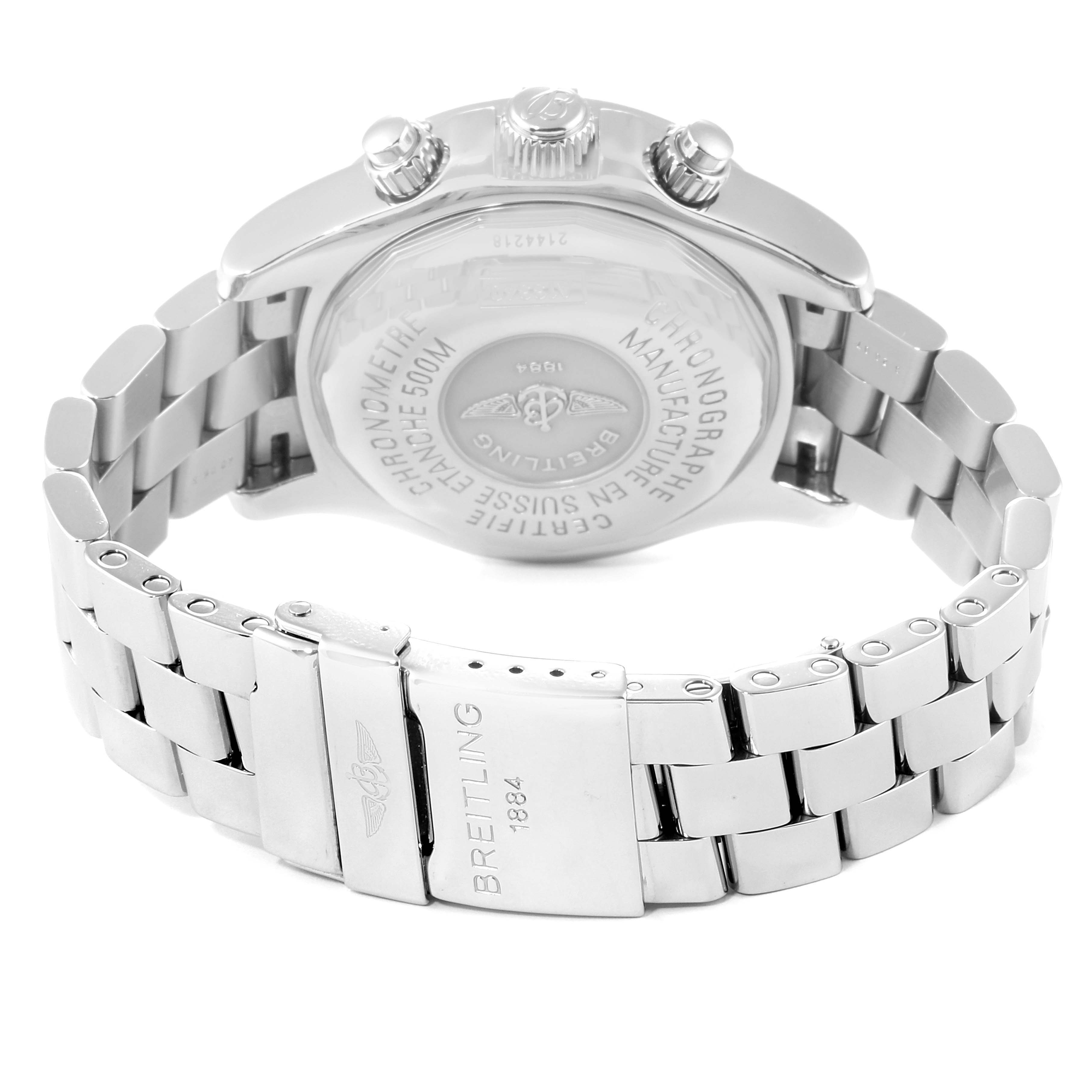 The image shows the back and clasp of the Breitling Superocean A13340 Men's Stainless Steel Blue Dial A13340 Men's Stainless Steel Blue Dial watch from a rear angle.