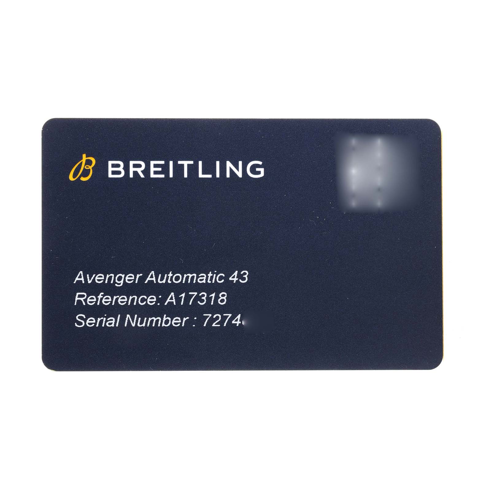 This image shows a Breitling Avenger A17318 Men's Stainless Steel Blue Dial A17318 Men's Stainless Steel Blue Dial Automatic 43 watch warranty card with the reference number and serial number visible.