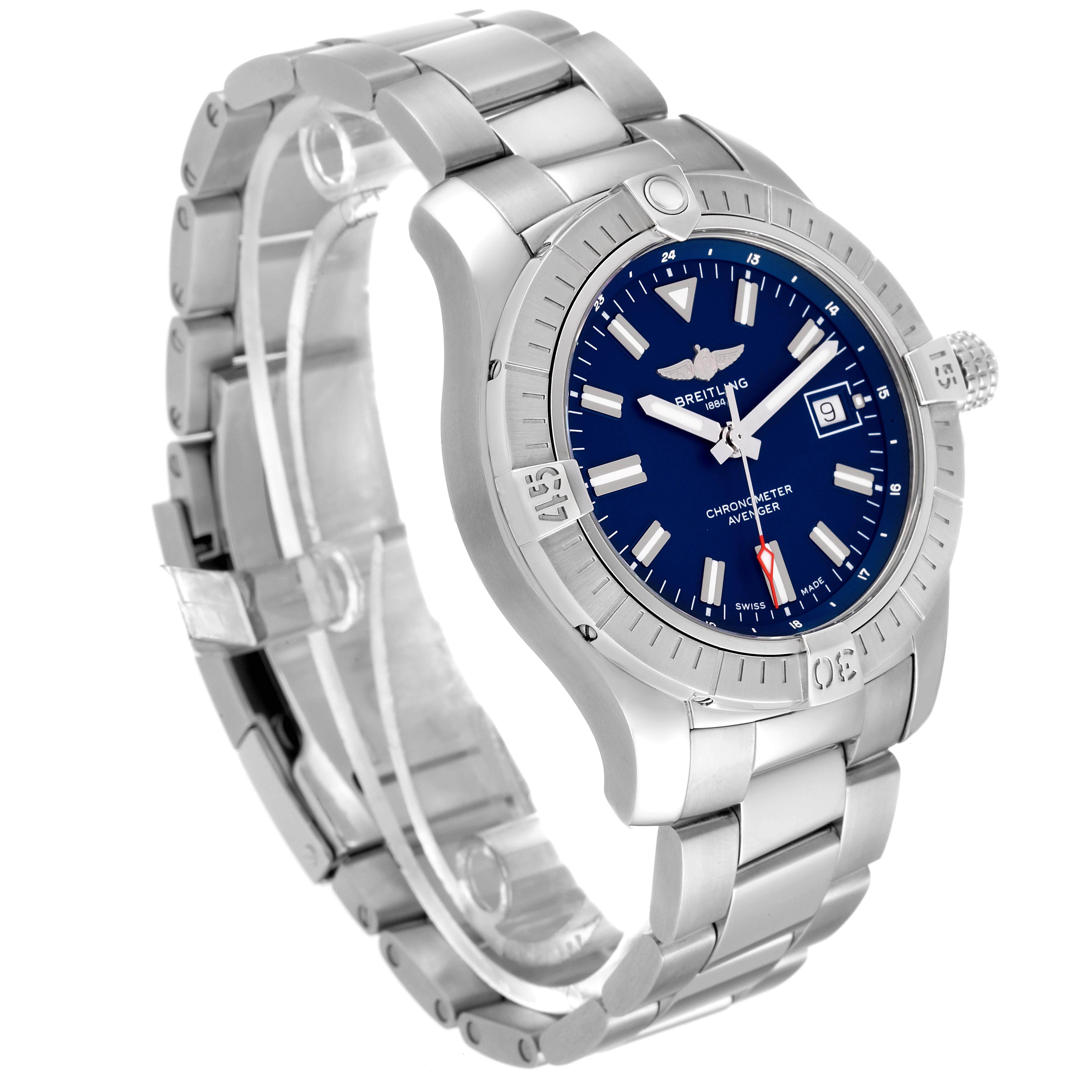 The image shows an angled view of a Breitling Avenger A17318 Men's Stainless Steel Blue Dial A17318 Men's Stainless Steel Blue Dial watch, highlighting the face, bezel, and metal bracelet.