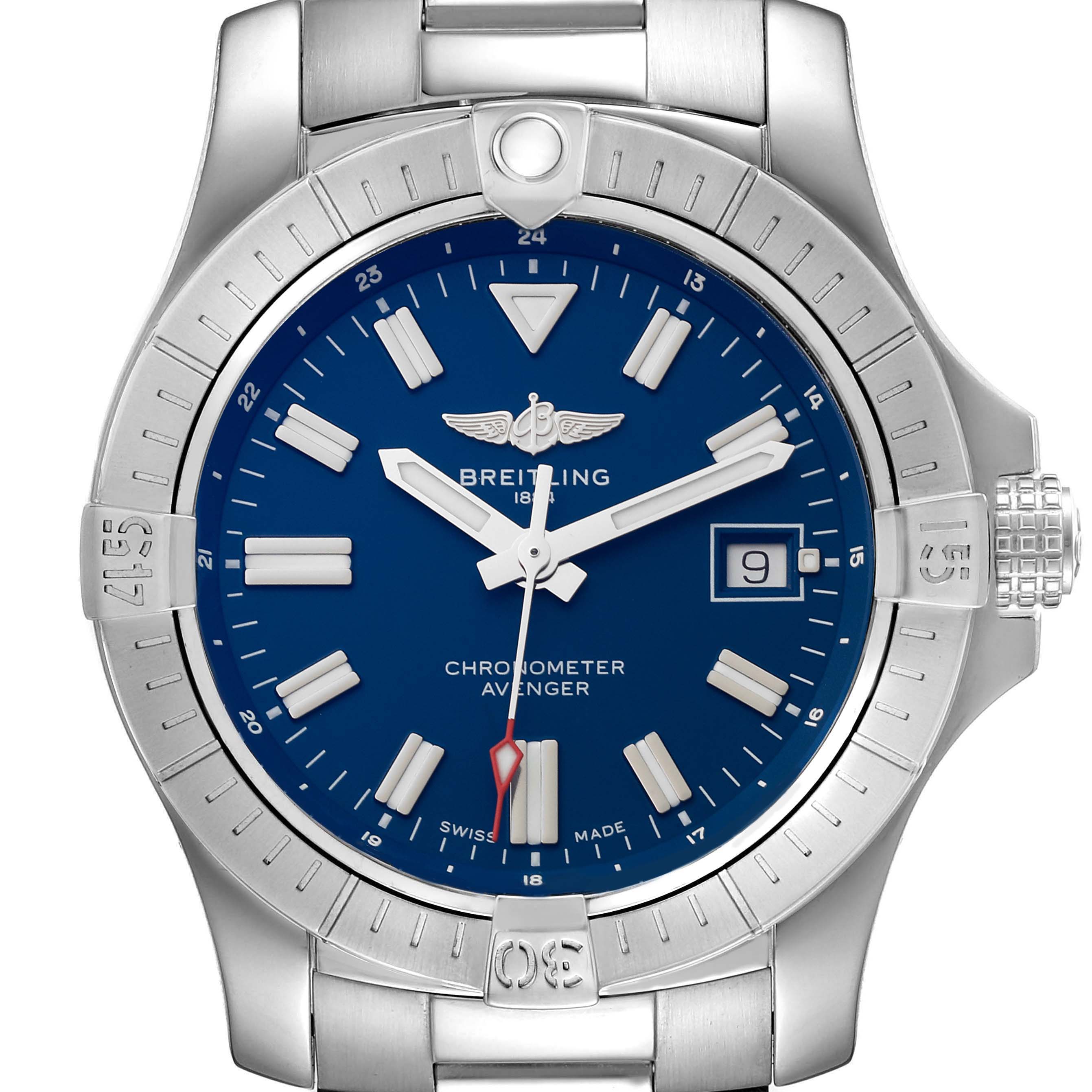 The image shows a front view of the Breitling Avenger A17318 Men's Stainless Steel Blue Dial A17318 Men's Stainless Steel Blue Dial watch, highlighting its blue dial, silver markers, and stainless steel case.