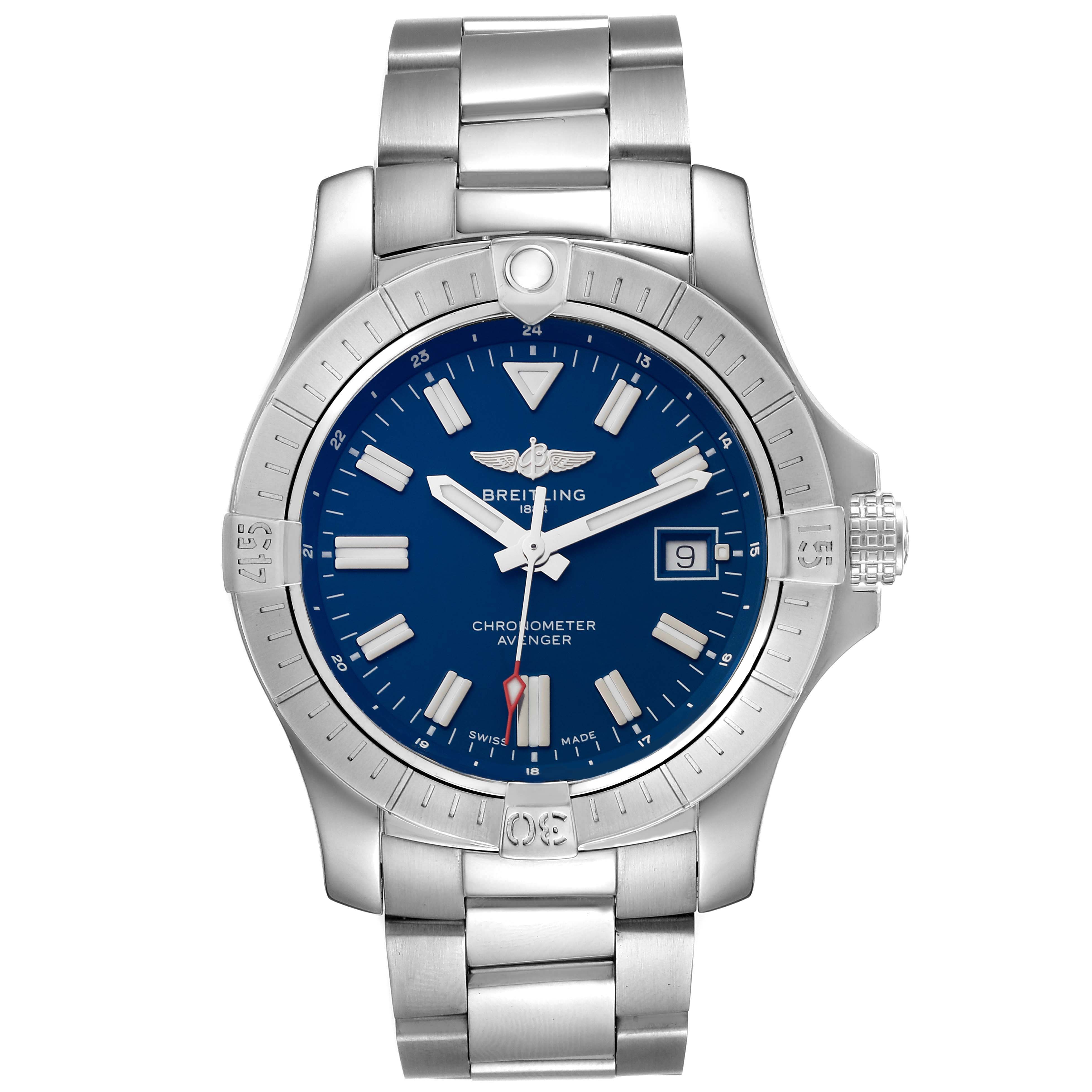 This image shows a Breitling Avenger A17318 Men's Stainless Steel Blue Dial A17318 Men's Stainless Steel Blue Dial model watch, viewed from the front, displaying its dial, bezel, and bracelet.