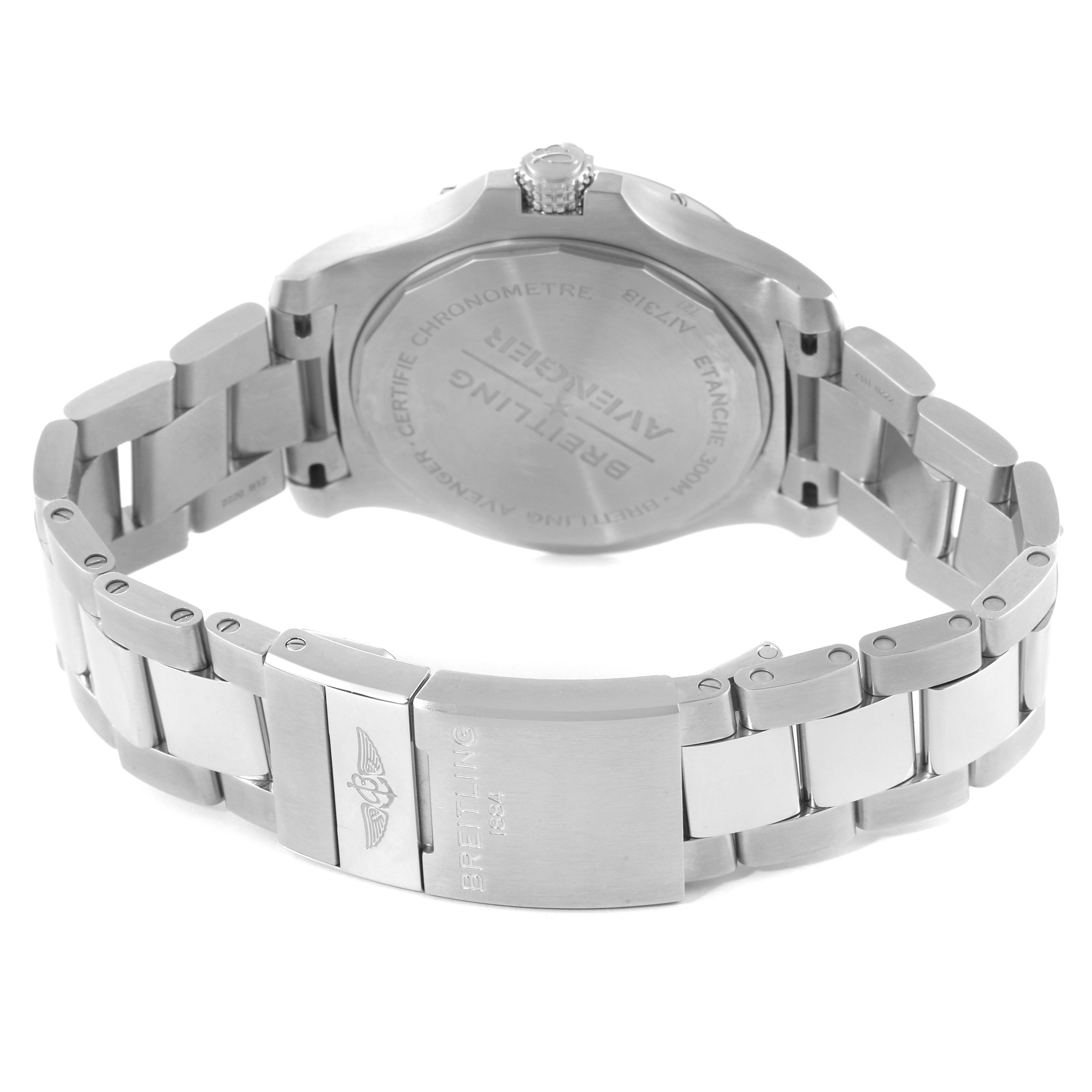 The image shows the backside and bracelet of a Breitling Avenger A17318 Men's Stainless Steel Blue Dial A17318 Men's Stainless Steel Blue Dial watch, highlighting its clasp and case back.
