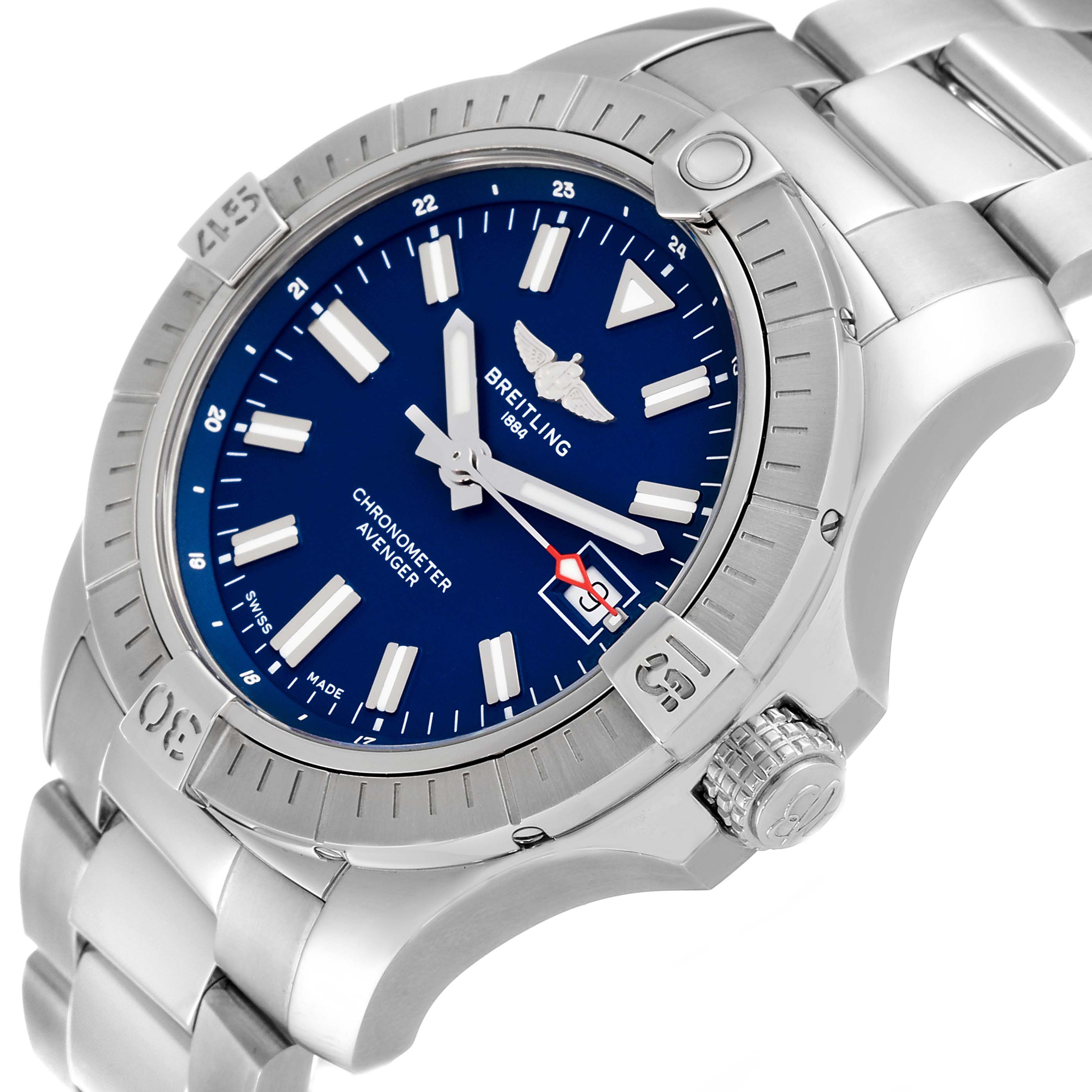 The Breitling Avenger A17318 Men's Stainless Steel Blue Dial A17318 Men's Stainless Steel Blue Dial model watch shown at an angled view displays its blue dial, bezel, crown, and part of the bracelet.