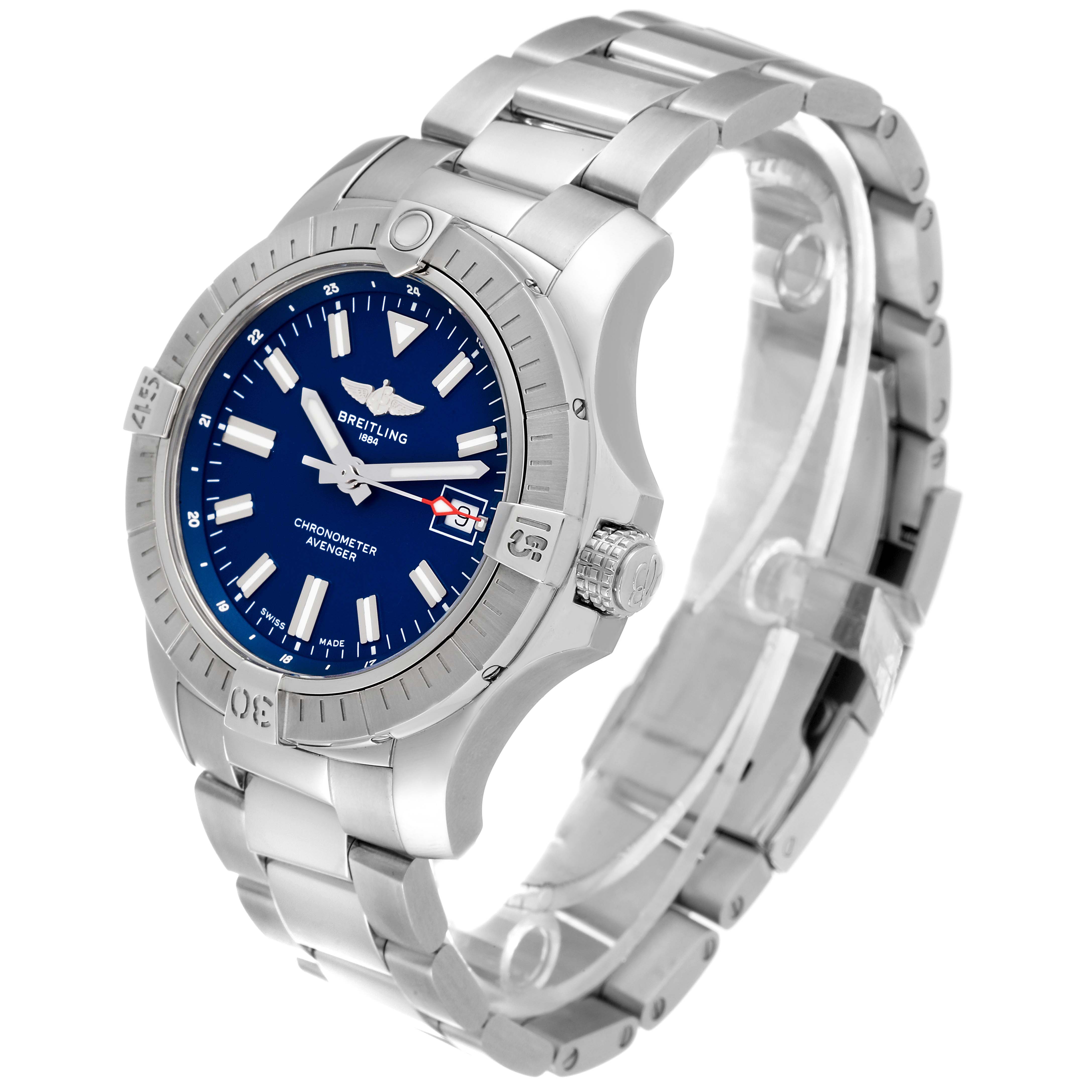 The Breitling Avenger A17318 Men's Stainless Steel Blue Dial A17318 Men's Stainless Steel Blue Dial watch is shown from an angled side view, detailing its bracelet, bezel, crown, and dial.