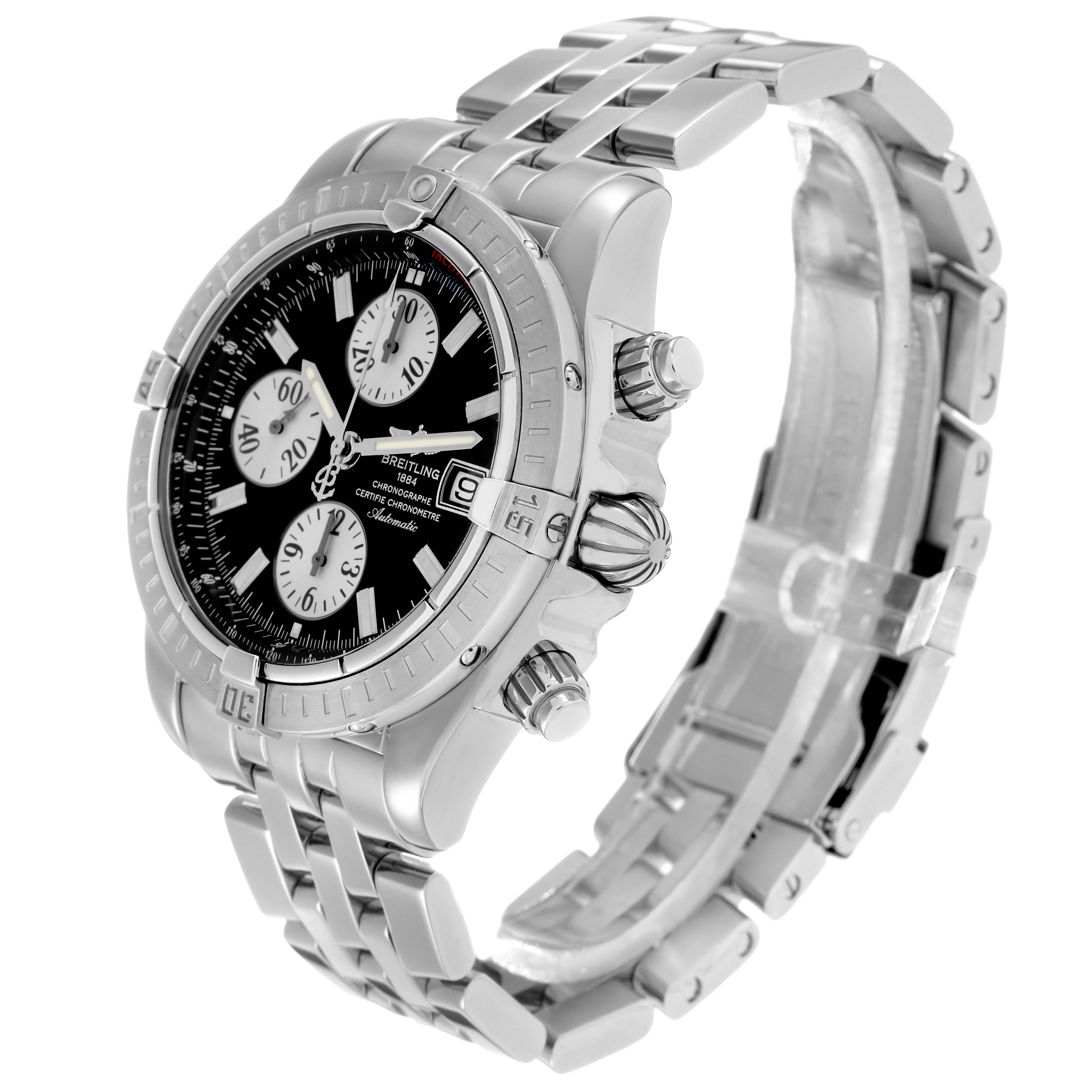 The Breitling Chronomat A13356 Men
s Stainless Steel Black Dial watch is shown at a three-quarter angle, displaying the face, bezel, chronograph dials, crown, and bracelet.