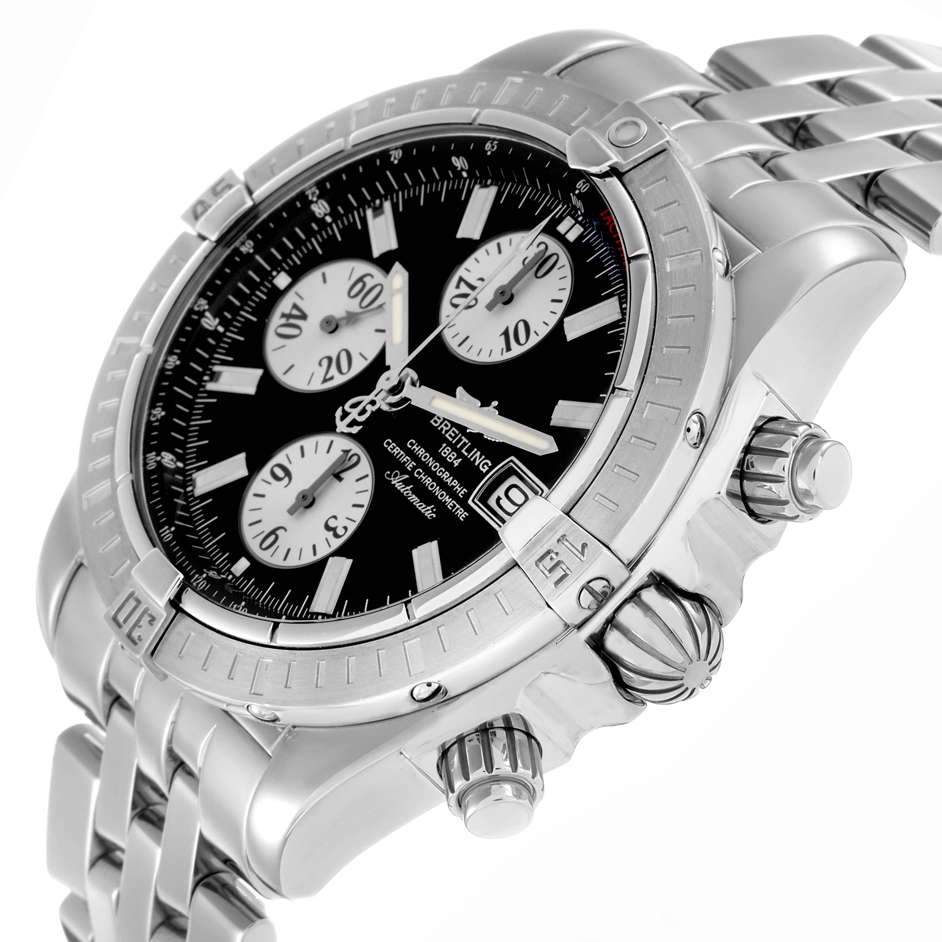 The Breitling Chronomat A13356 Men
s Stainless Steel Black Dial watch is shown at a three-quarter angle, highlighting the face, crown, pushers, and part of the bracelet.