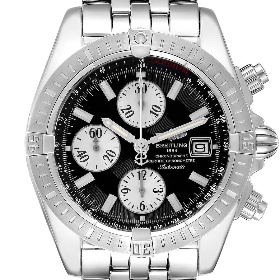 The Breitling Chronomat A13356 men's watch is shown from a front angle, displaying its bezel, chronograph sub-dials, date window, and stainless steel bracelet.