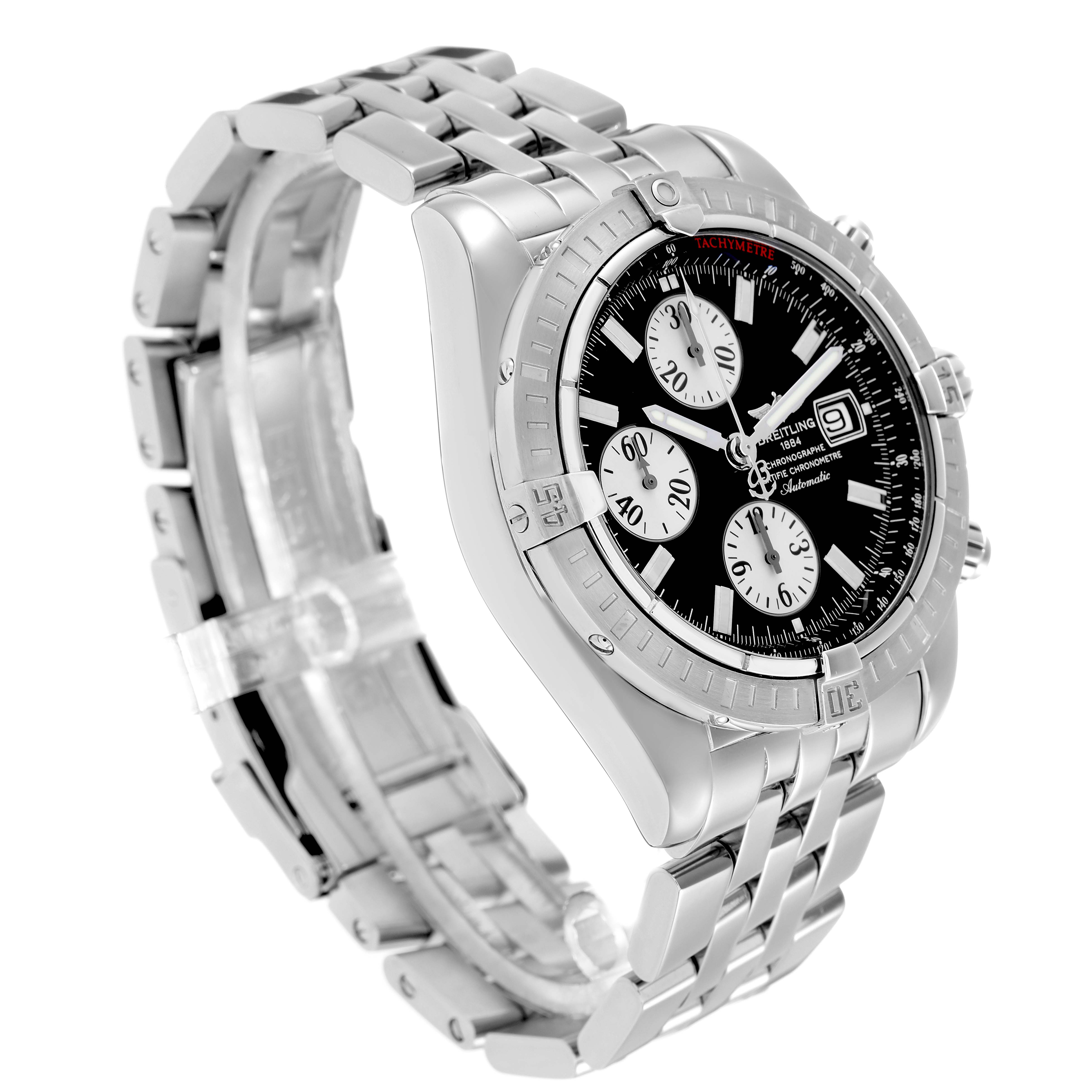 The Breitling Chronomat A13356 Men
s Stainless Steel Black Dial watch is shown from a three-quarter angle, highlighting the face, bezel, and bracelet.