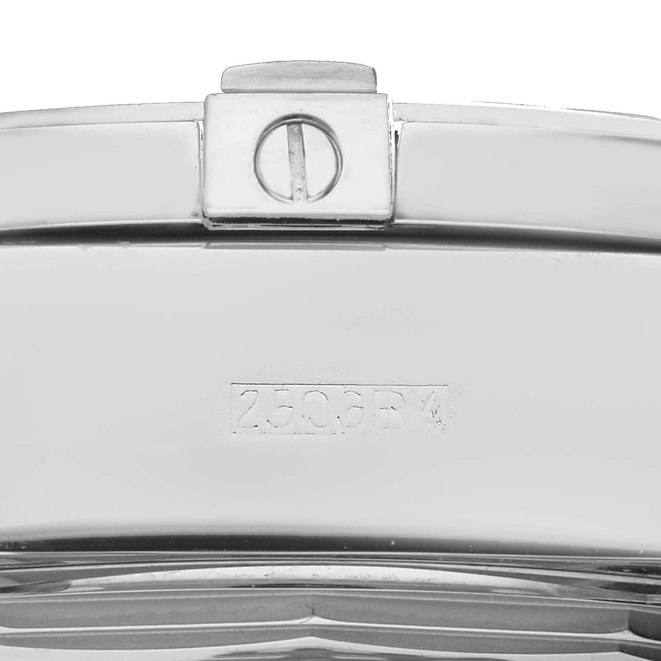 The image shows a close-up of the clasp and engraved code on a Breitling Chronomat A13356 Men
s Stainless Steel Black Dial watch bracelet.