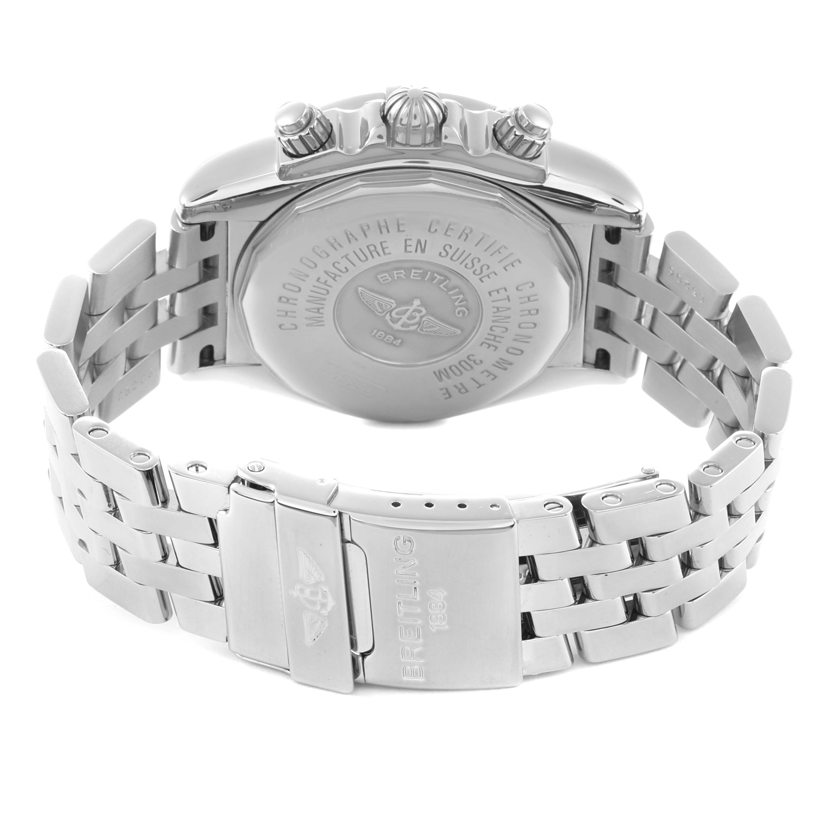 The image shows the back and bracelet of a Breitling Chronomat A13356 Men
s Stainless Steel Black Dial watch, highlighting the case back and clasp.