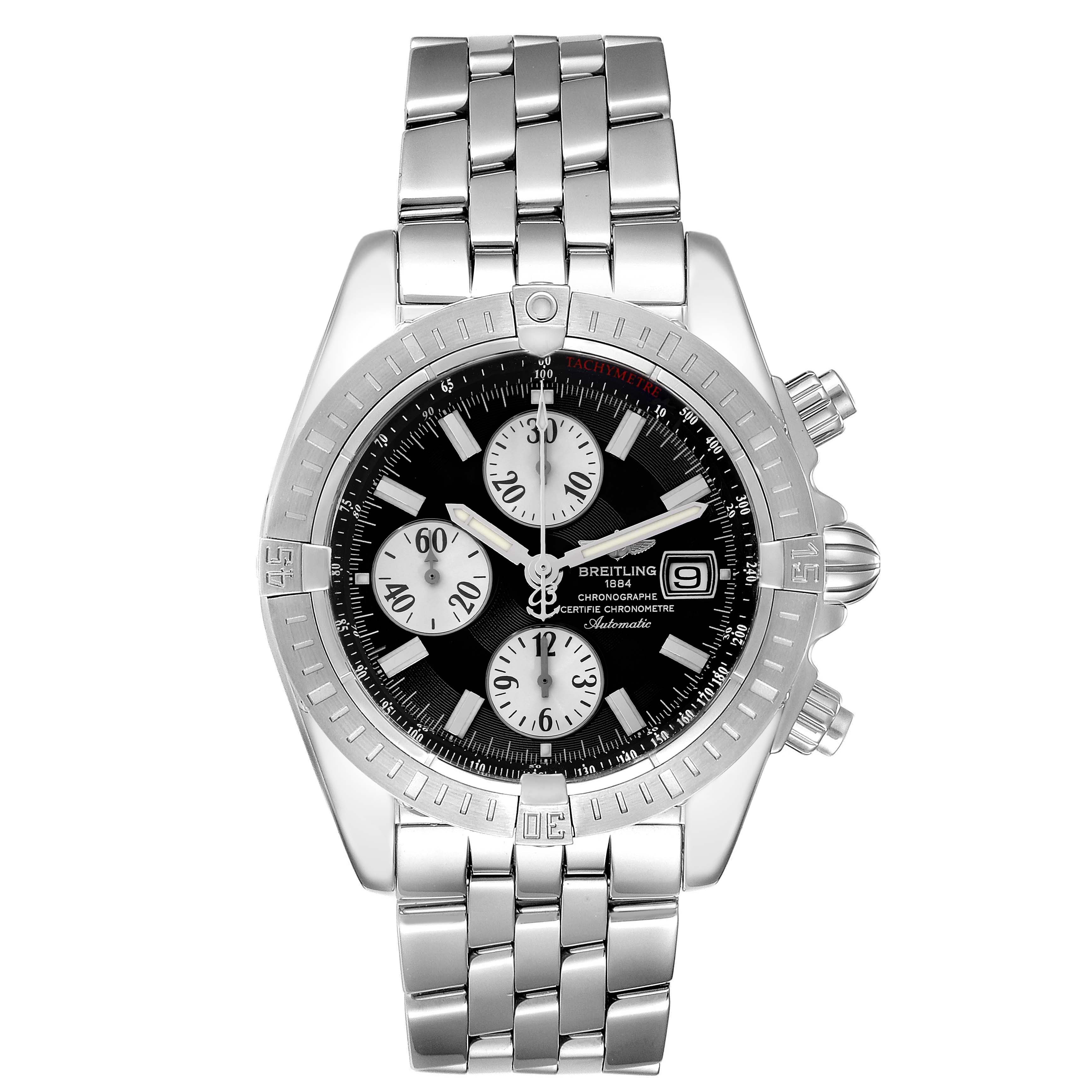 The Breitling Chronomat A13356 Men
s Stainless Steel Black Dial watch is shown from the front, displaying its face, bezel, subdials, bracelet, and pushers.