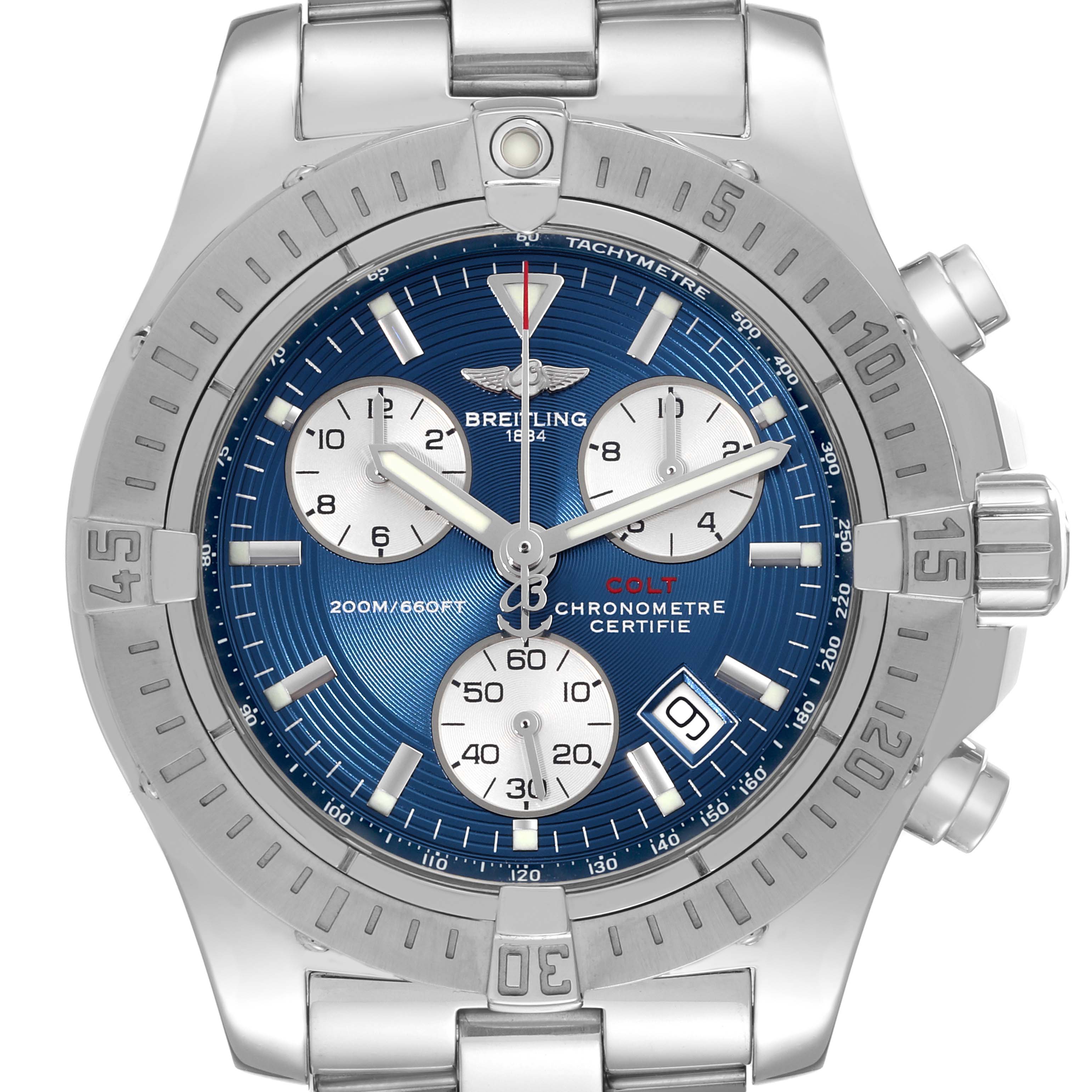 The image shows the front angle of a Breitling Colt A73380 Men's Stainless Steel Blue Dial A73380 Men's Stainless Steel Blue Dial watch, highlighting its bezel, chronograph subdials, and date window.