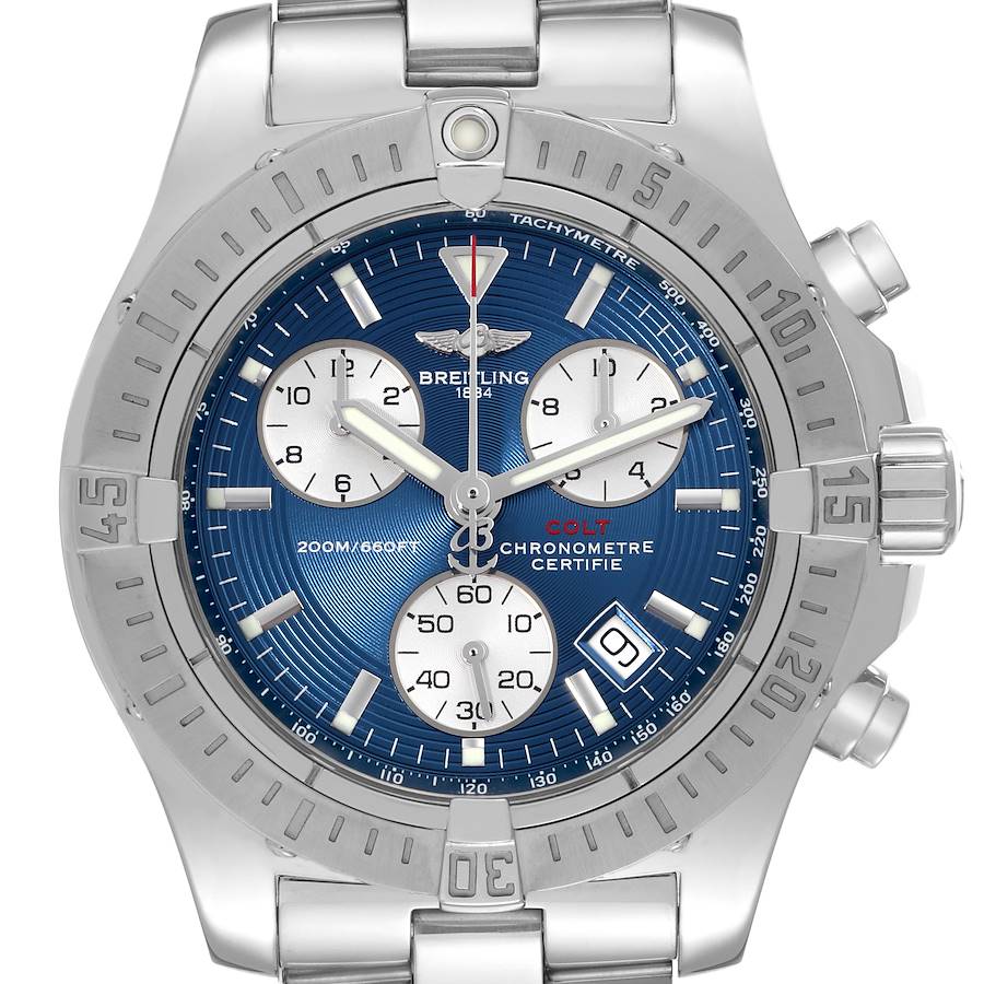 Breitling Colt Chronograph Blue Dial Steel Mens Watch A73380 Box Papers SwissWatchExpo