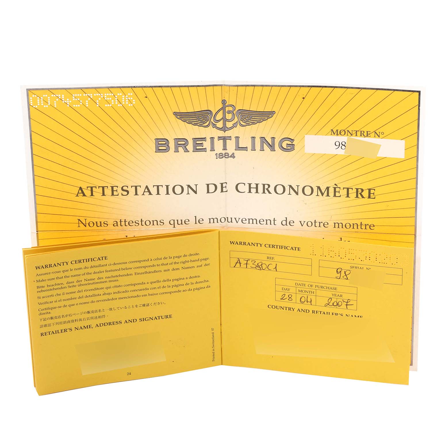 The image shows warranty and chronometer attestation certificates for a Breitling Colt A73380 Men's Stainless Steel Blue Dial A73380 Men's Stainless Steel Blue Dial watch.