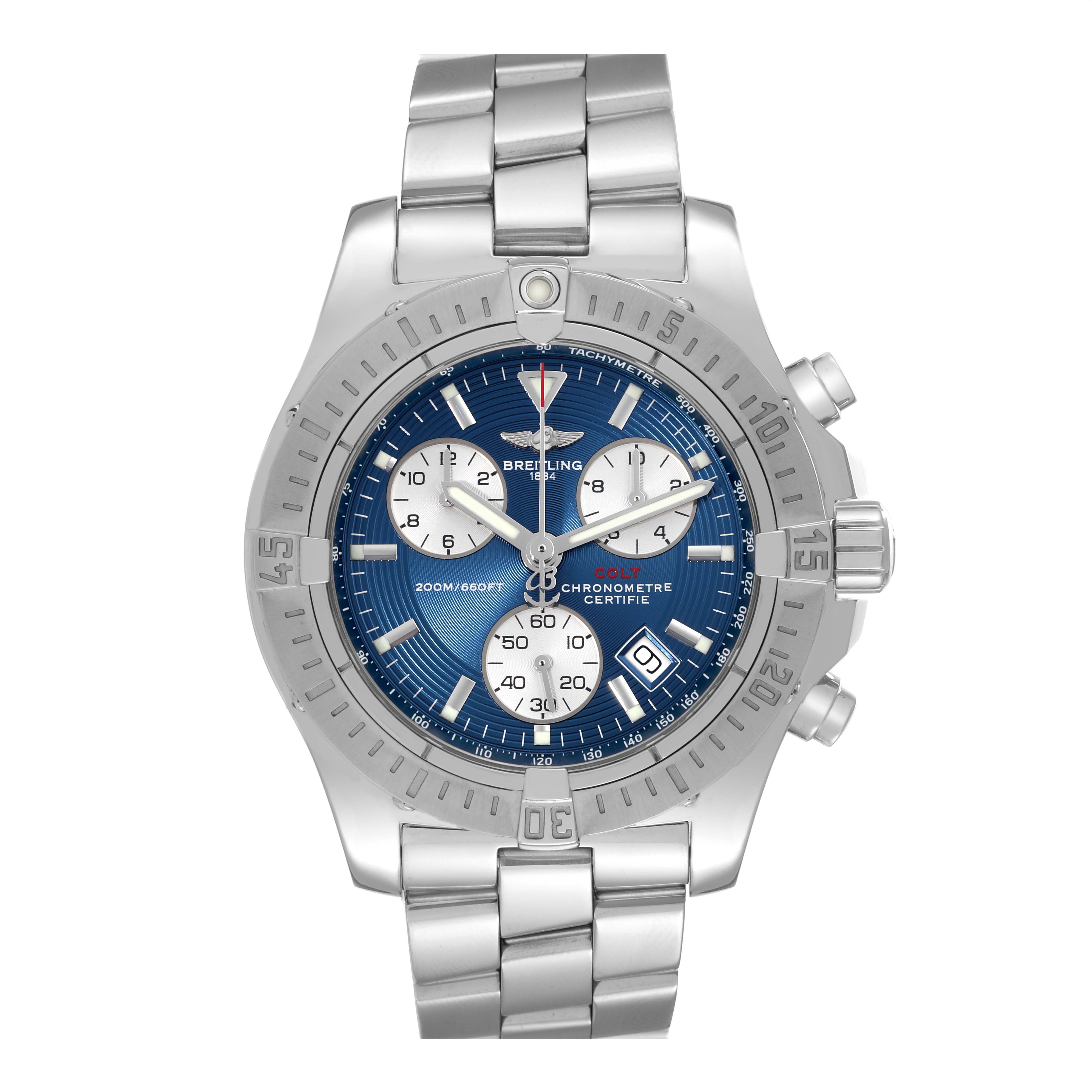 The image shows a frontal view of the Breitling Colt A73380 Men's Stainless Steel Blue Dial A73380 Men's Stainless Steel Blue Dial watch, highlighting its blue dial, chronograph subdials, and stainless steel bracelet.