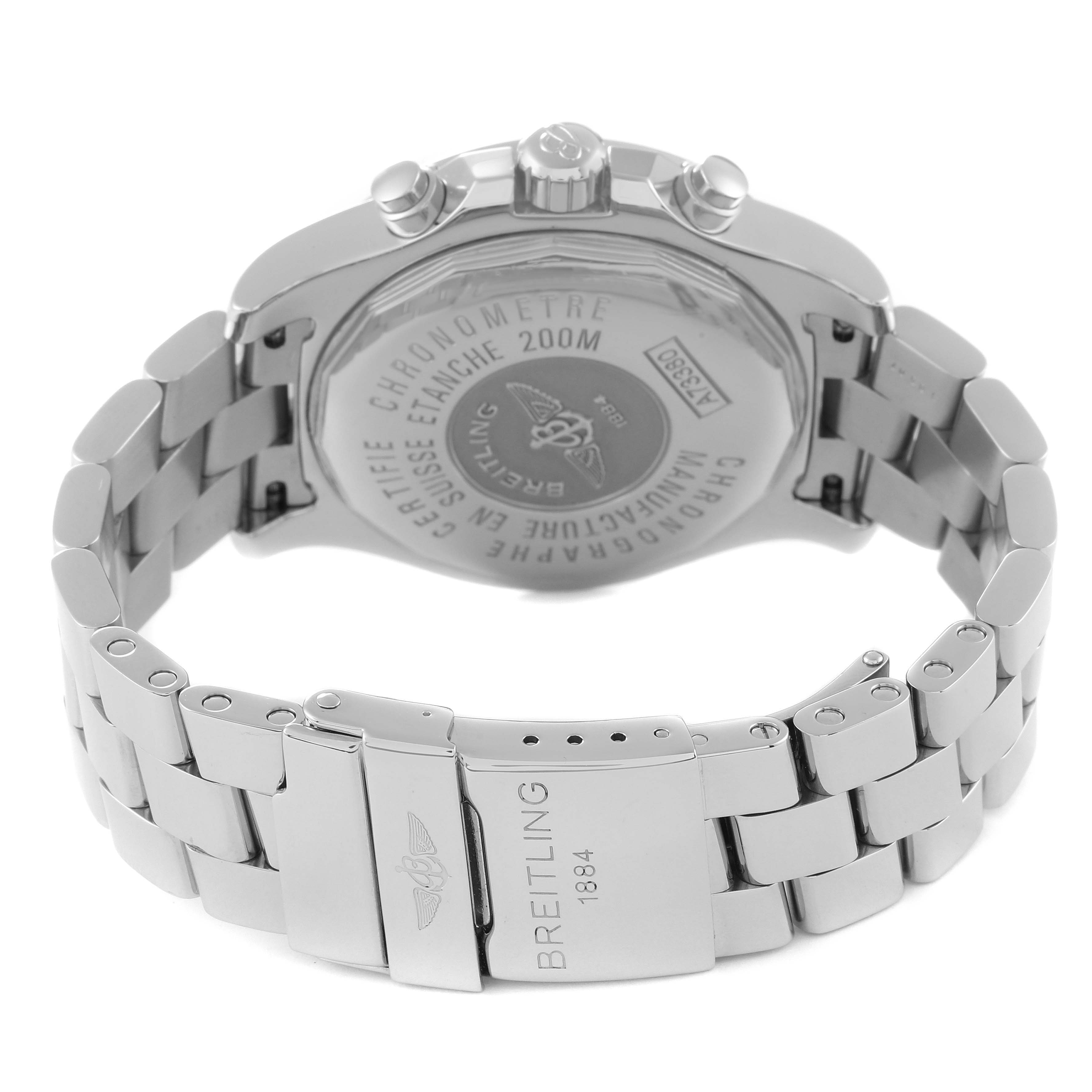 The image shows the backside of a Breitling Colt A73380 Men's Stainless Steel Blue Dial A73380 Men's Stainless Steel Blue Dial watch, focusing on the case back, crown, and bracelet with the clasp.