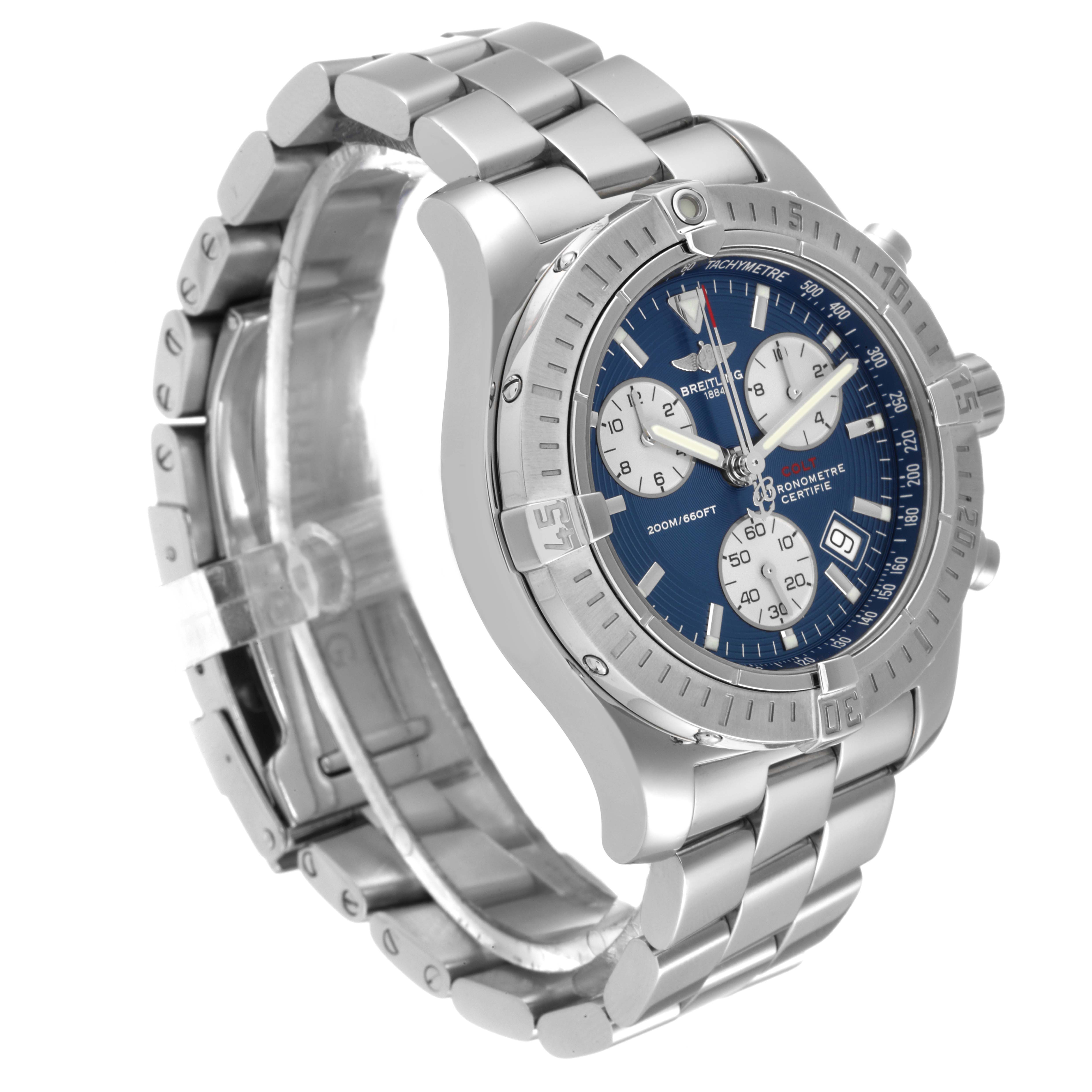 The image shows a Breitling Colt A73380 Men's Stainless Steel Blue Dial A73380 Men's Stainless Steel Blue Dial watch angled to display its face, bezel, chronograph dials, and bracelet.