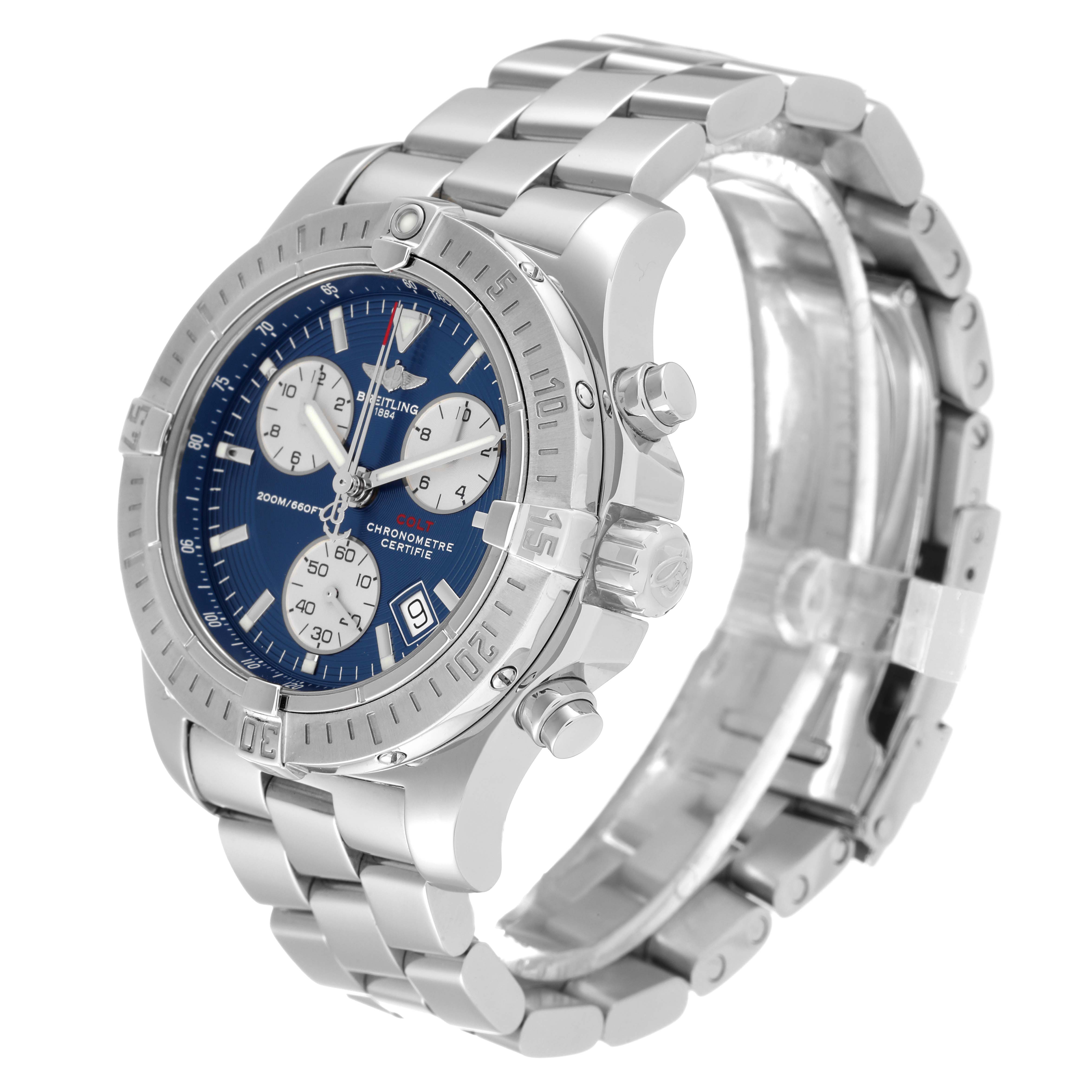 The Breitling Colt A73380 Men's Stainless Steel Blue Dial A73380 Men's Stainless Steel Blue Dial watch is shown at a slight angle from the front, displaying the dial, bezel, pushers, and metal bracelet.