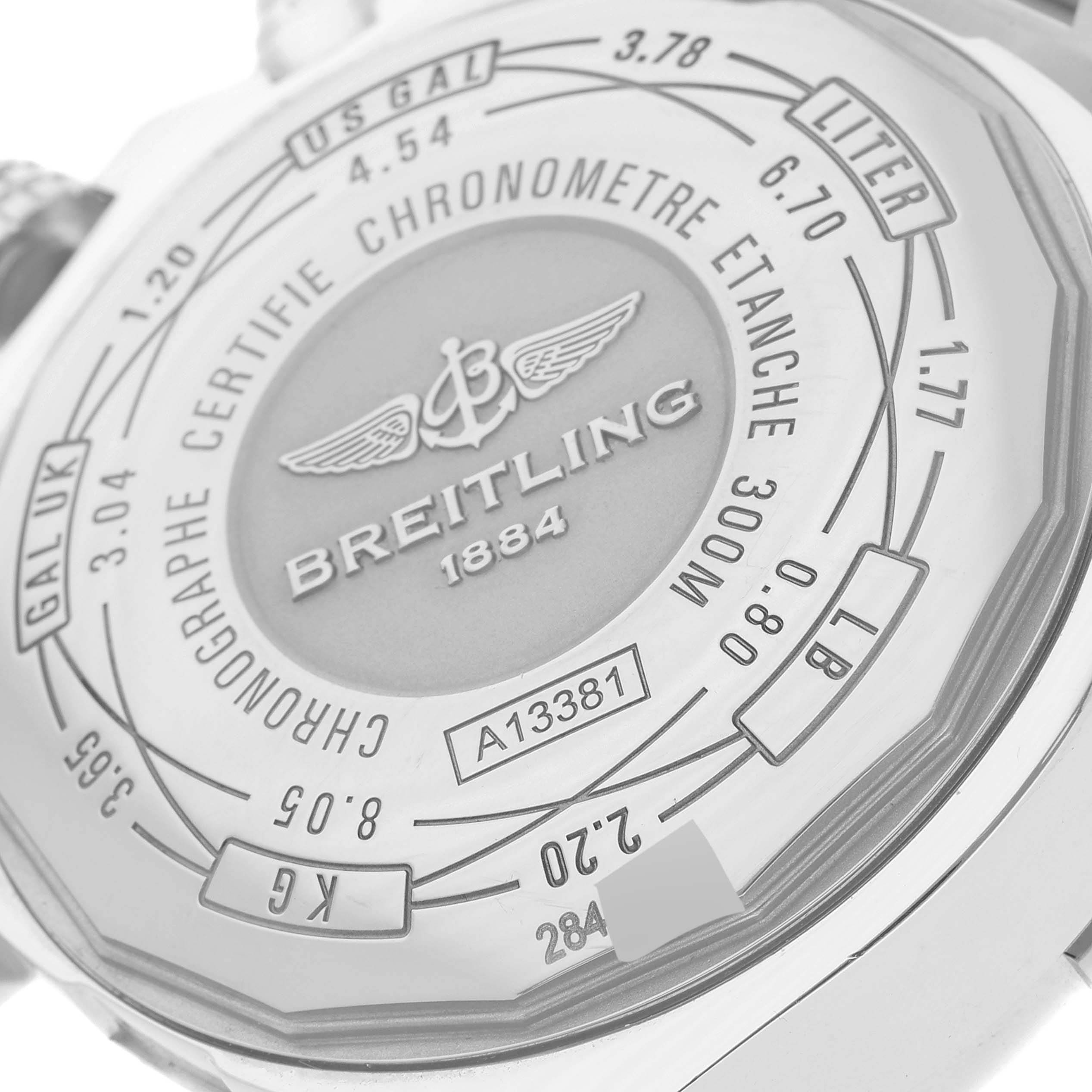 This image shows the back of the Breitling Avenger A13381 Men's Stainless Steel Mother of Pearl Dial A13381 Men's Stainless Steel Mother of Pearl Dial watch, highlighting its engravings and specifications.