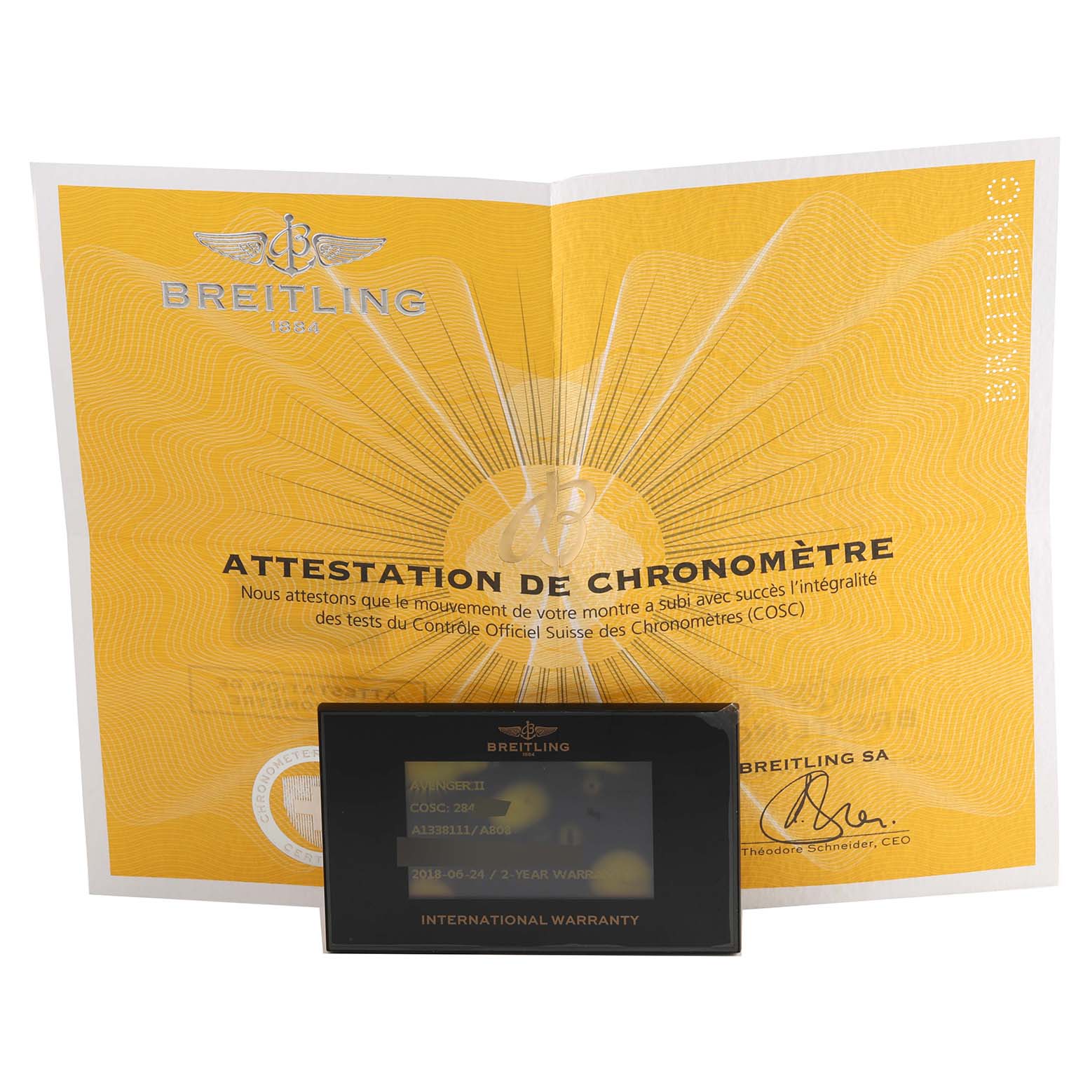 The image shows the certificate and international warranty card for the Breitling Avenger A13381 Men's Stainless Steel Mother of Pearl Dial A13381 Men's Stainless Steel Mother of Pearl Dial model.