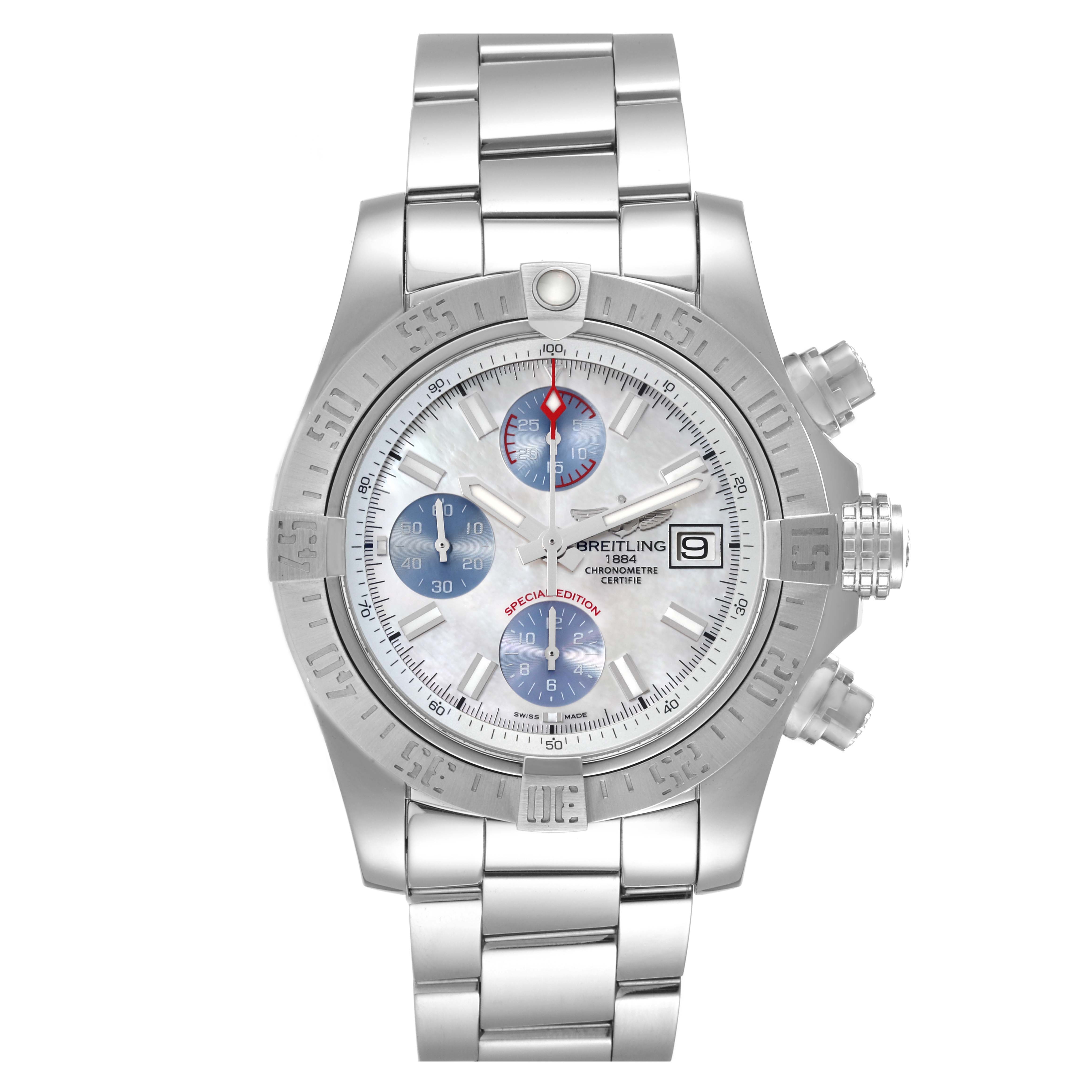 The Breitling Avenger A13381 Men's Stainless Steel Mother of Pearl Dial A13381 Men's Stainless Steel Mother of Pearl Dial watch is shown from the front, displaying its face, three subdials, and metal bracelet.