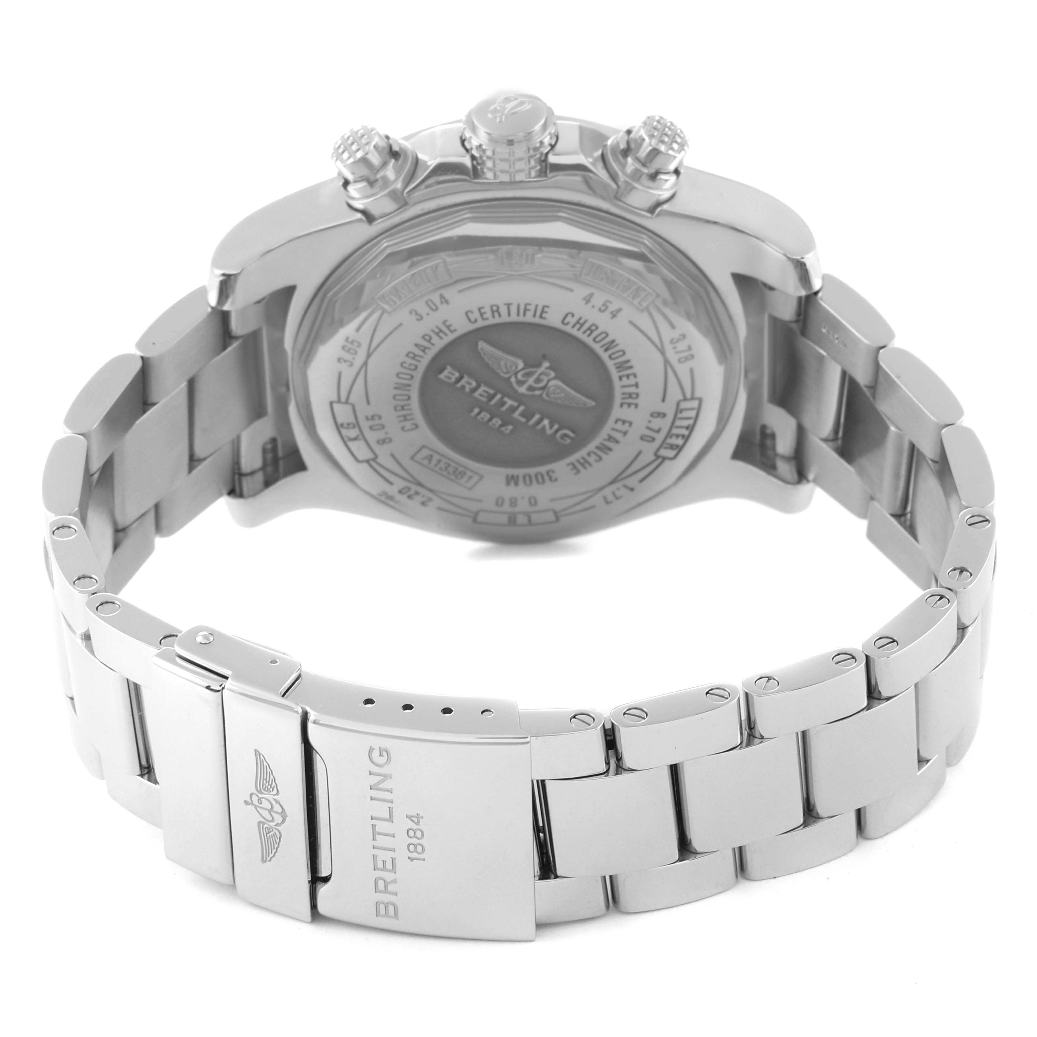 The image shows the back case and stainless steel bracelet of a Breitling Avenger A13381 Men's Stainless Steel Mother of Pearl Dial A13381 Men's Stainless Steel Mother of Pearl Dial watch.