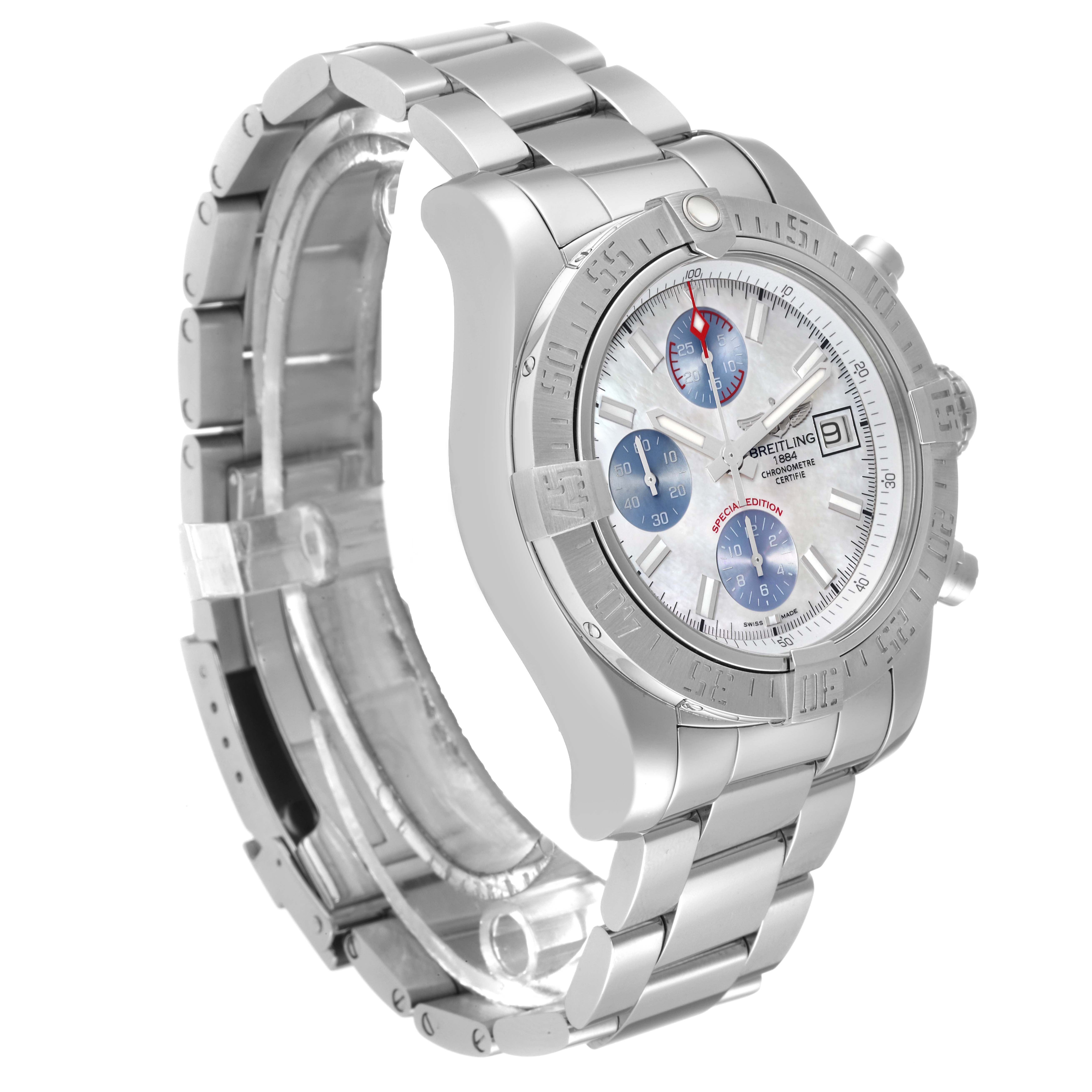 The image shows a side angle of a Breitling Avenger A13381 Men's Stainless Steel Mother of Pearl Dial A13381 Men's Stainless Steel Mother of Pearl Dial watch, highlighting the metallic band, bezel, and dial with chronograph subdials.