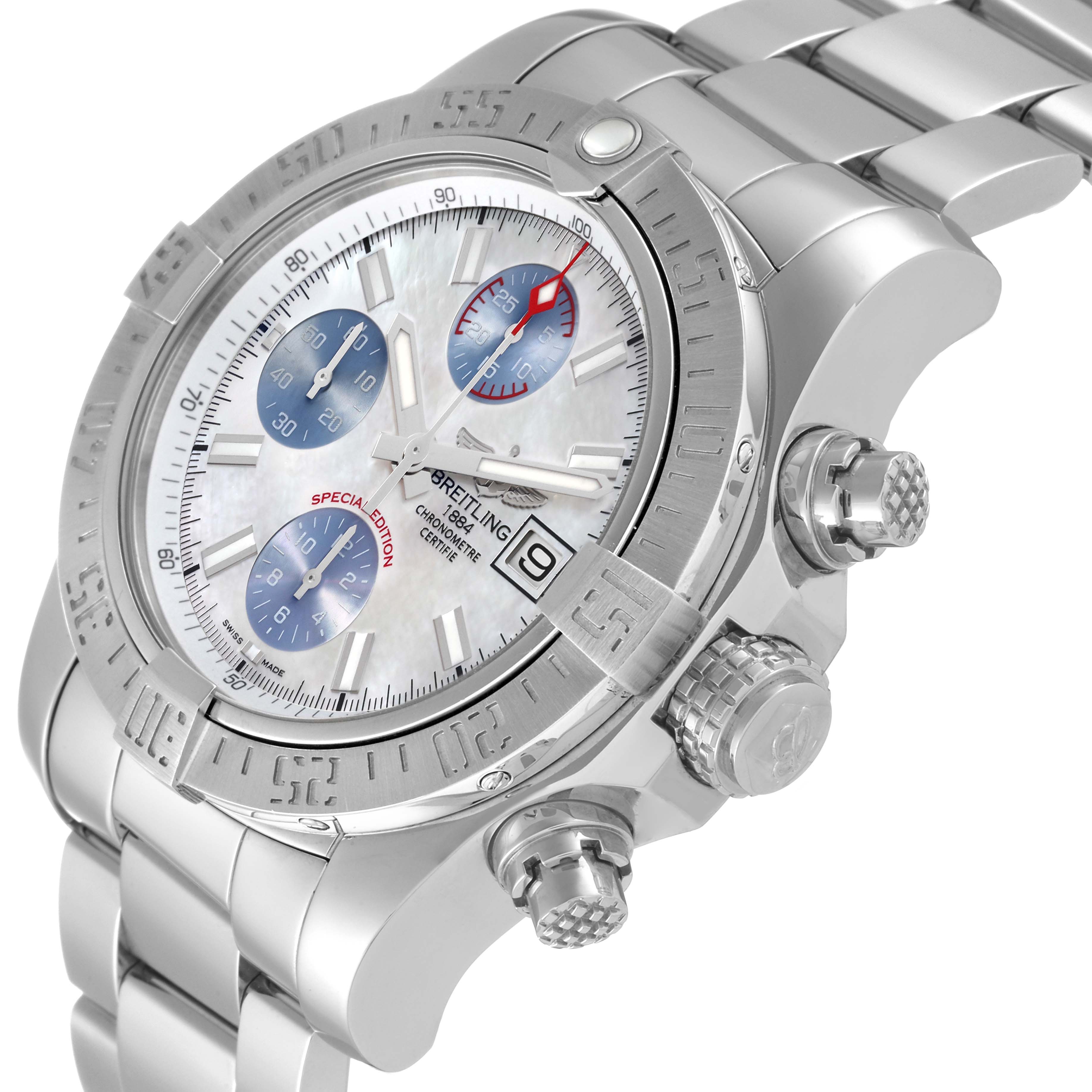 The image shows a side close-up angle of a Breitling Avenger A13381 Men's Stainless Steel Mother of Pearl Dial A13381 Men's Stainless Steel Mother of Pearl Dial watch, highlighting the bezel, dials, date window, and crown.
