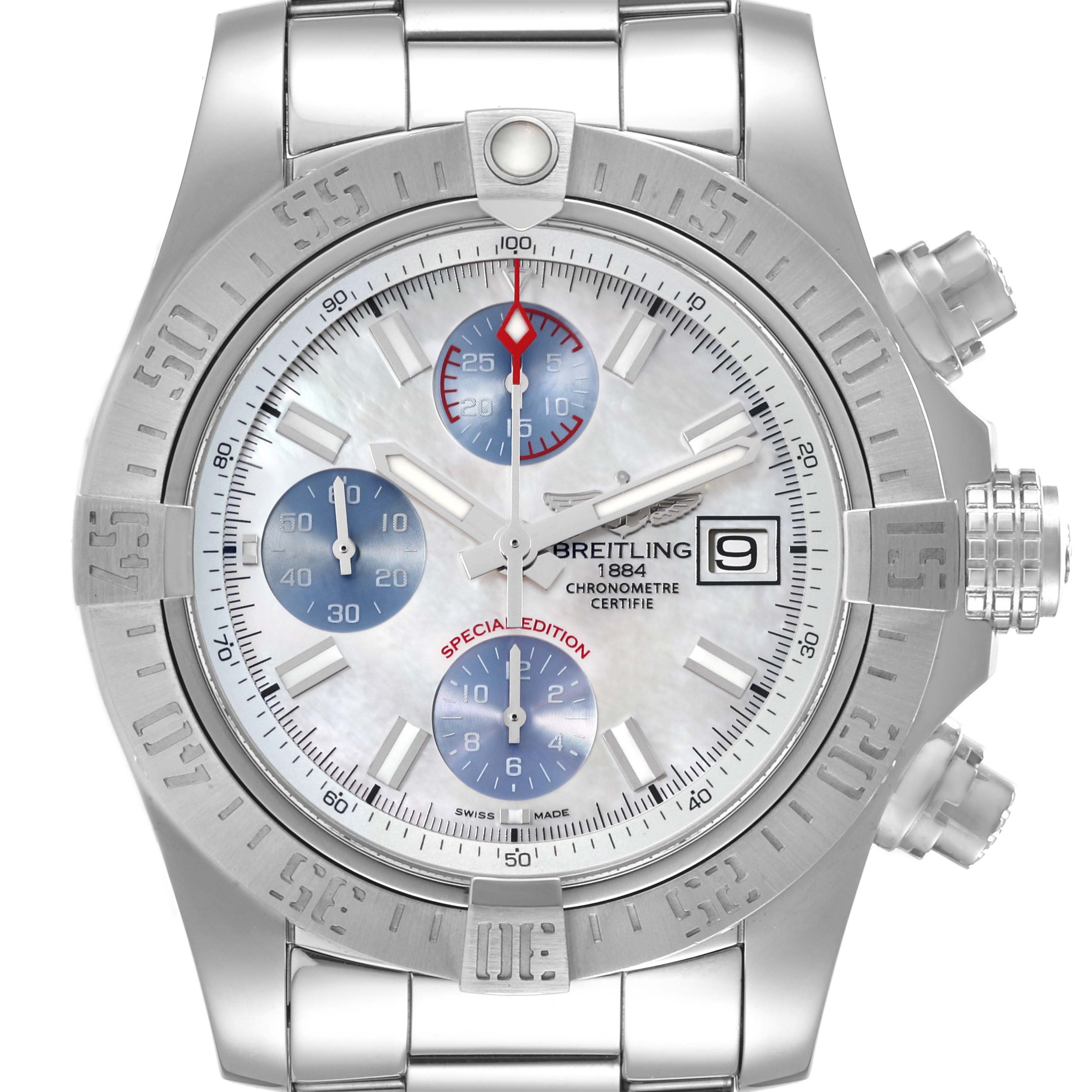 The image shows a Breitling Avenger A13381 Men's Stainless Steel Mother of Pearl Dial A13381 Men's Stainless Steel Mother of Pearl Dial watch from a front view, highlighting the dial, subdials, bezel, and bracelet.