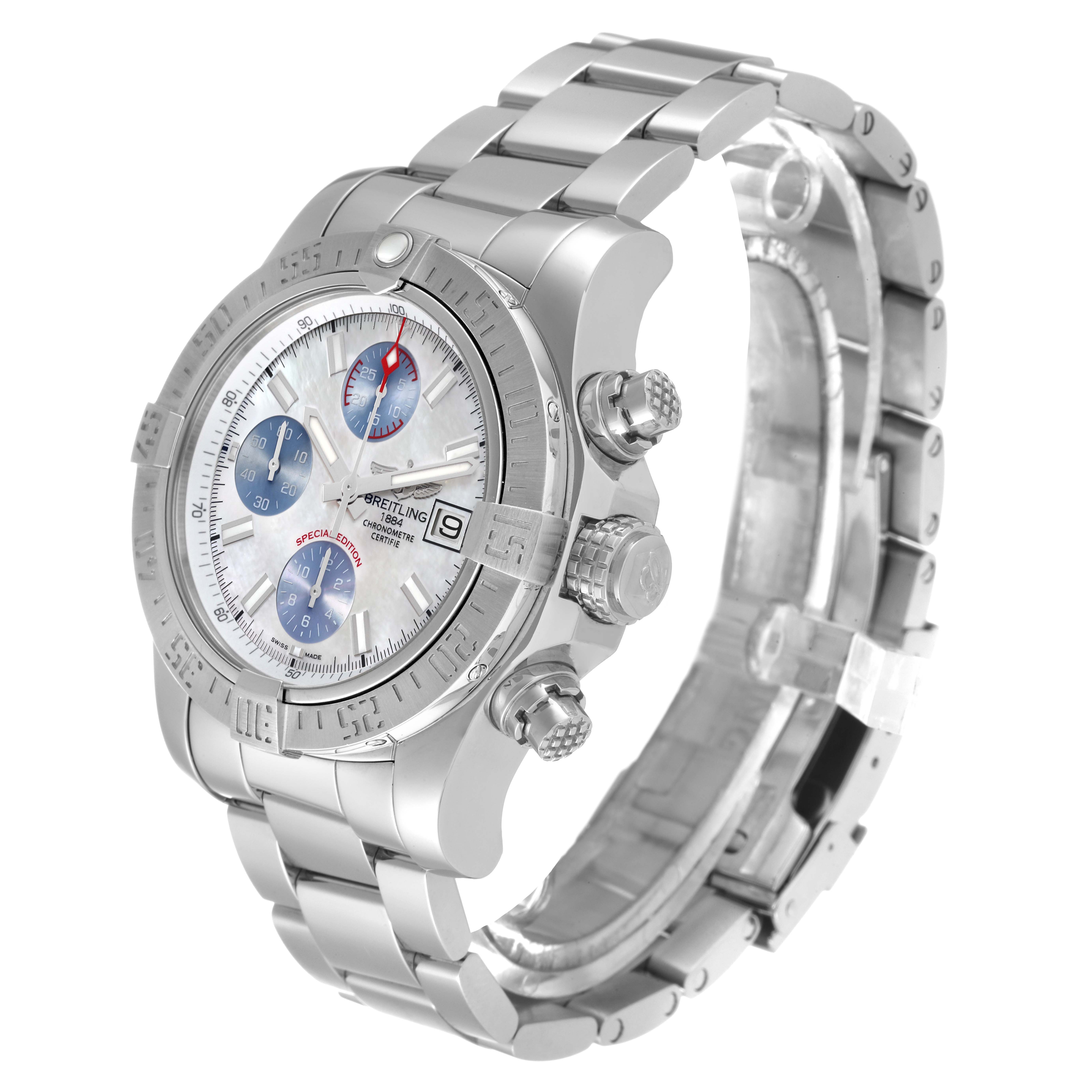 The Breitling Avenger A13381 Men's Stainless Steel Mother of Pearl Dial A13381 Men's Stainless Steel Mother of Pearl Dial watch is shown at an angle highlighting its face, bezel, crown, pushers, and stainless steel band.