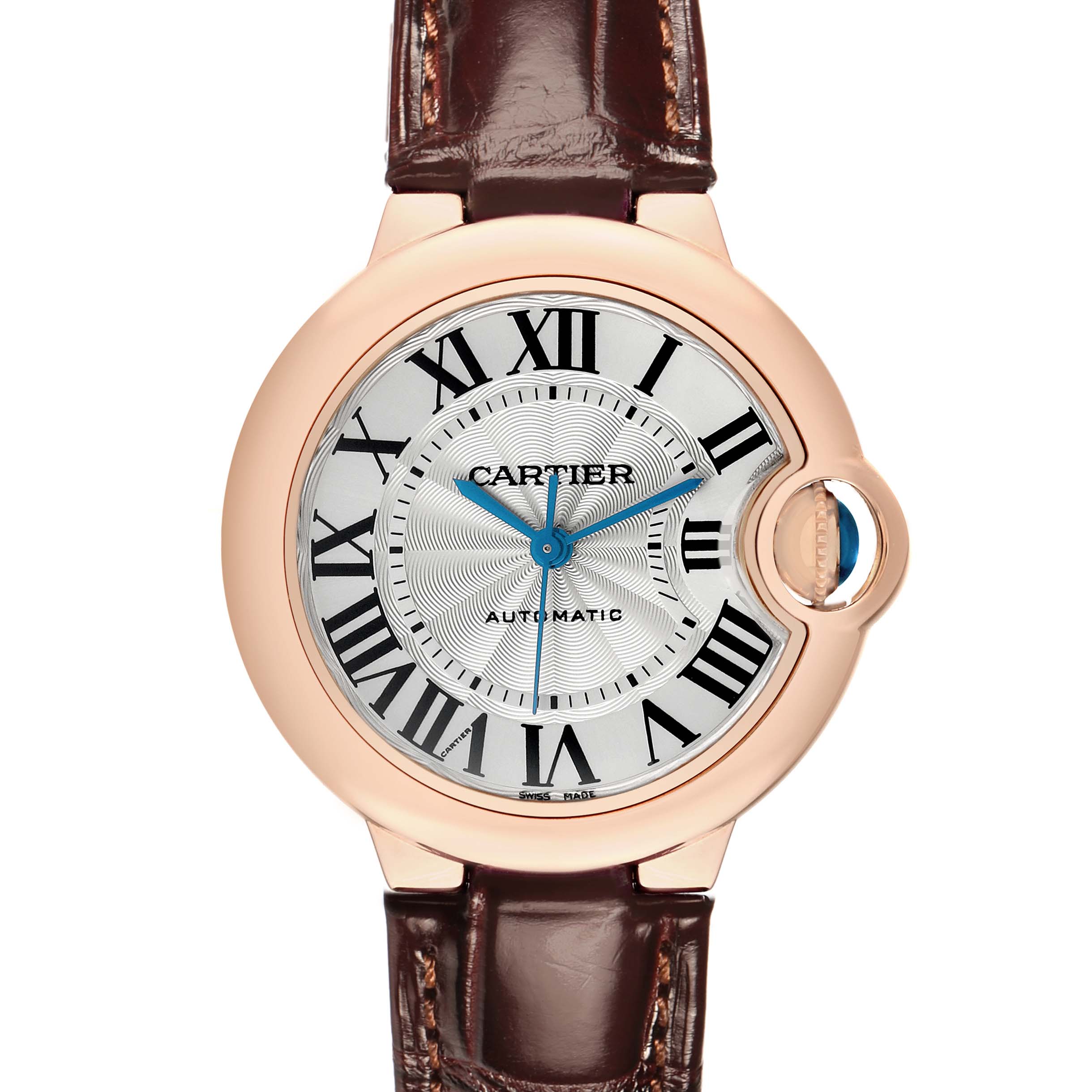 The Cartier Ballon Bleu W6920097 Women's Rose Gold Silver Dial watch is shown from a frontal angle, displaying its face, Roman numerals, and a leather strap.